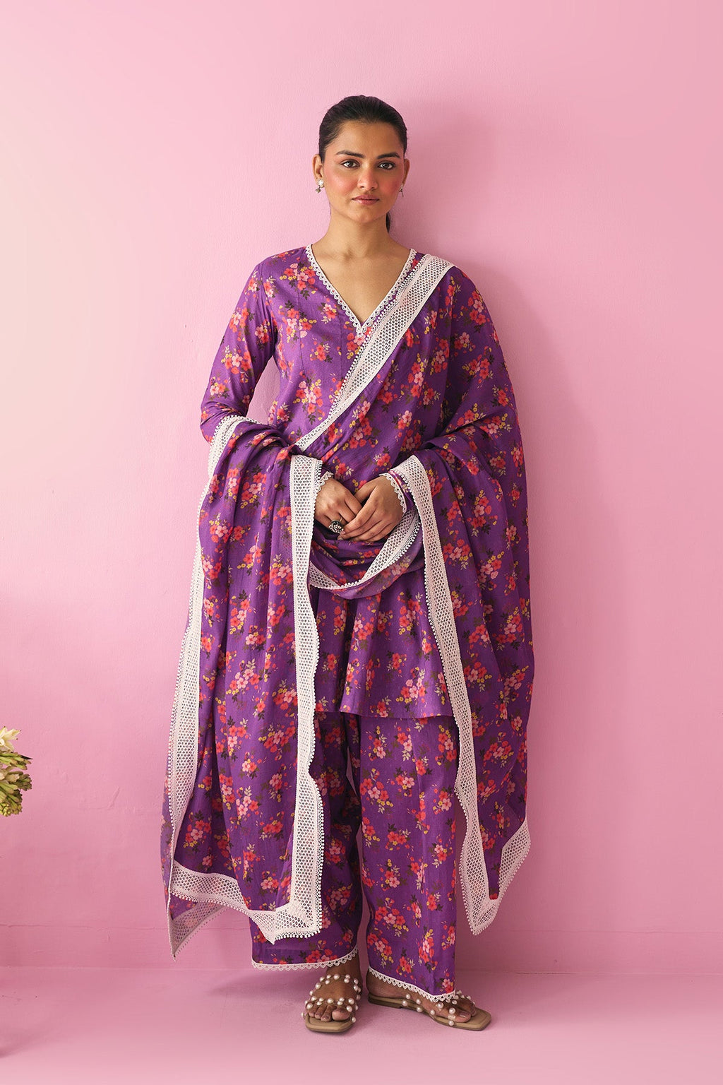 Summer Essentials 26 Purple Floral Short Anarkali With Farshi Salwar And Dupatta ( Set Of 3 ) - Ready to ship