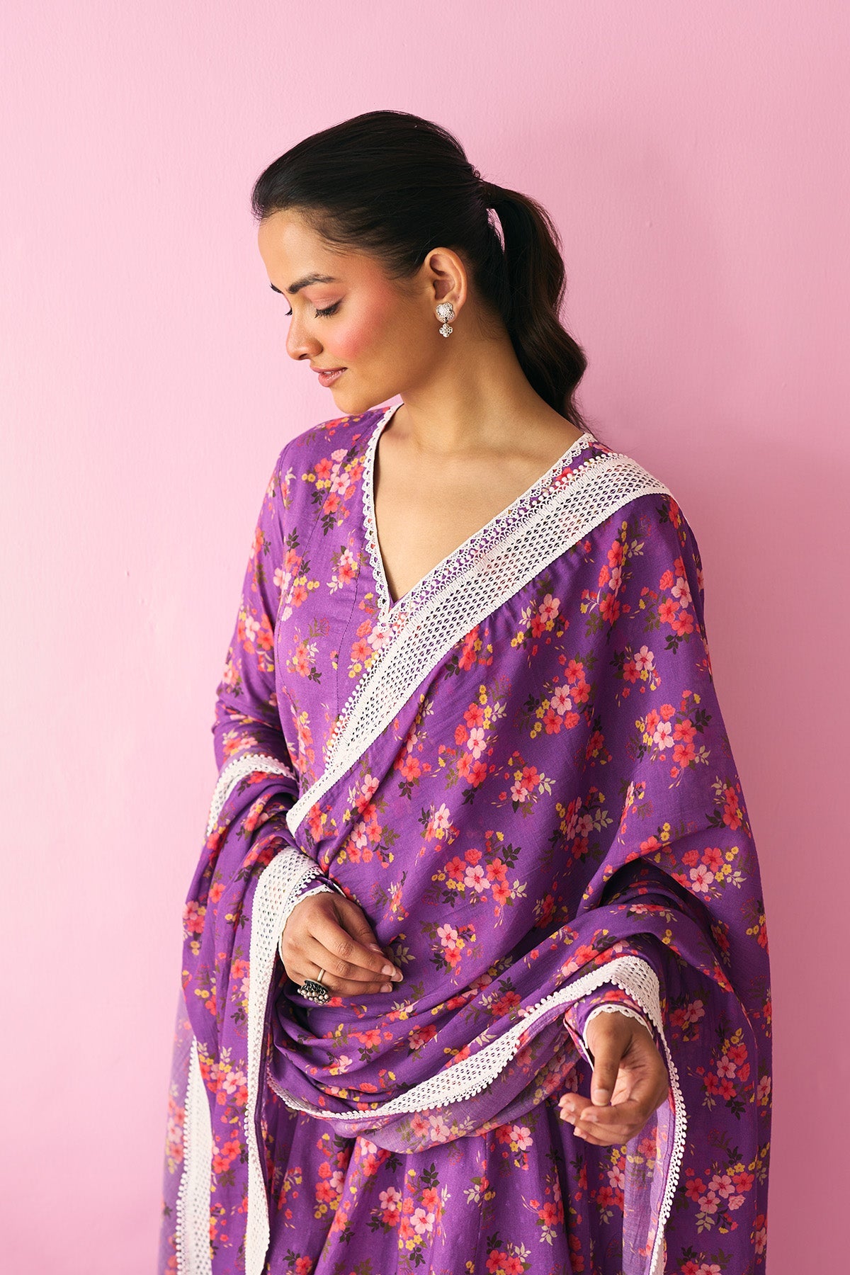 Summer Essentials 26 Purple Floral Short Anarkali With Farshi Salwar And Dupatta ( Set Of 3 ) - Ready to ship