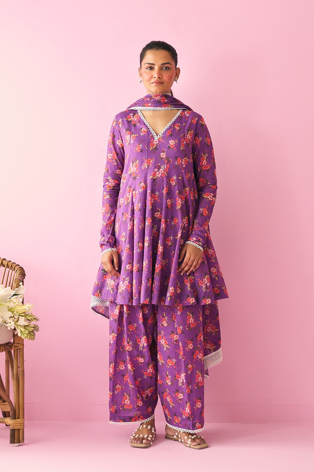 Summer Essentials 26 Purple Floral Short Anarkali With Farshi Salwar And Dupatta ( Set Of 3 ) - Ready to ship