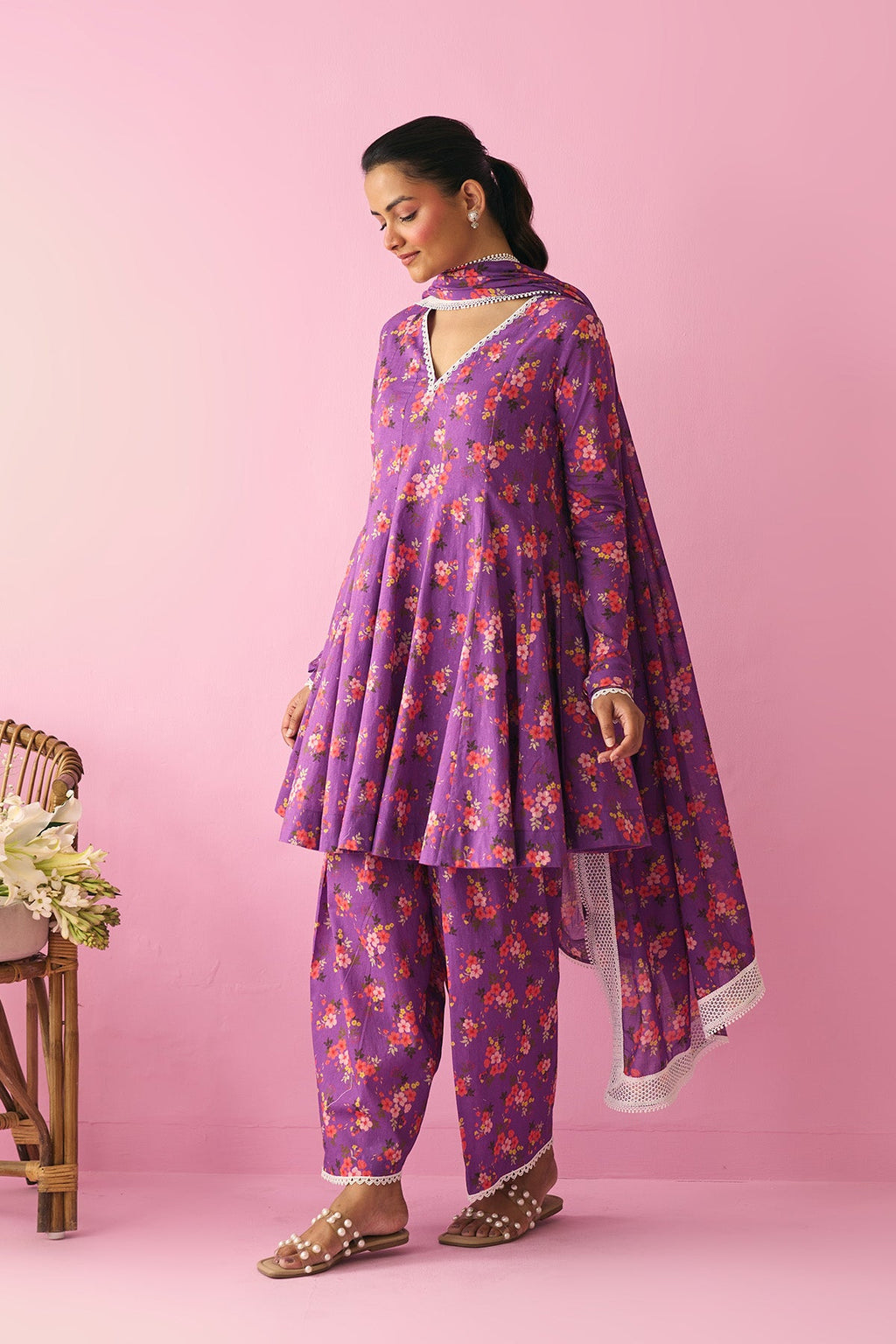 Summer Essentials 26 Purple Floral Short Anarkali With Farshi Salwar And Dupatta ( Set Of 3 ) - Ready to ship