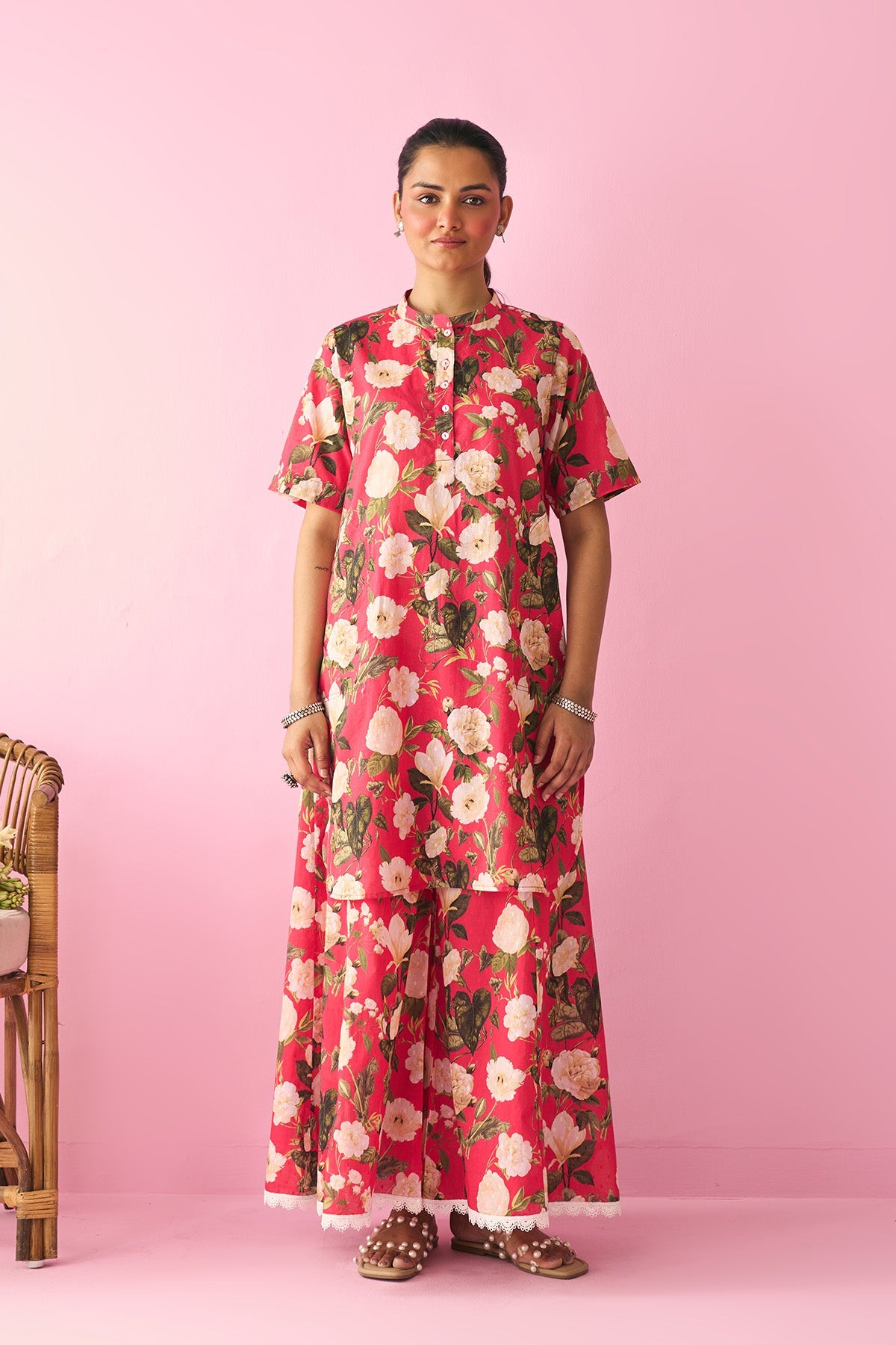 Summer Essentials 26 Red Floral Short Straight Kurta With Flared Palazzo ( Set Of 2 ) - Ready to ship