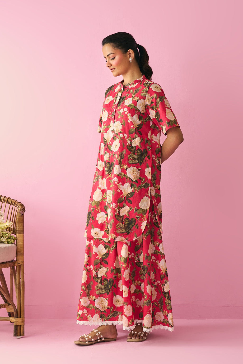 Summer Essentials 26 Red Floral Short Straight Kurta With Flared Palazzo ( Set Of 2 ) - Ready to ship