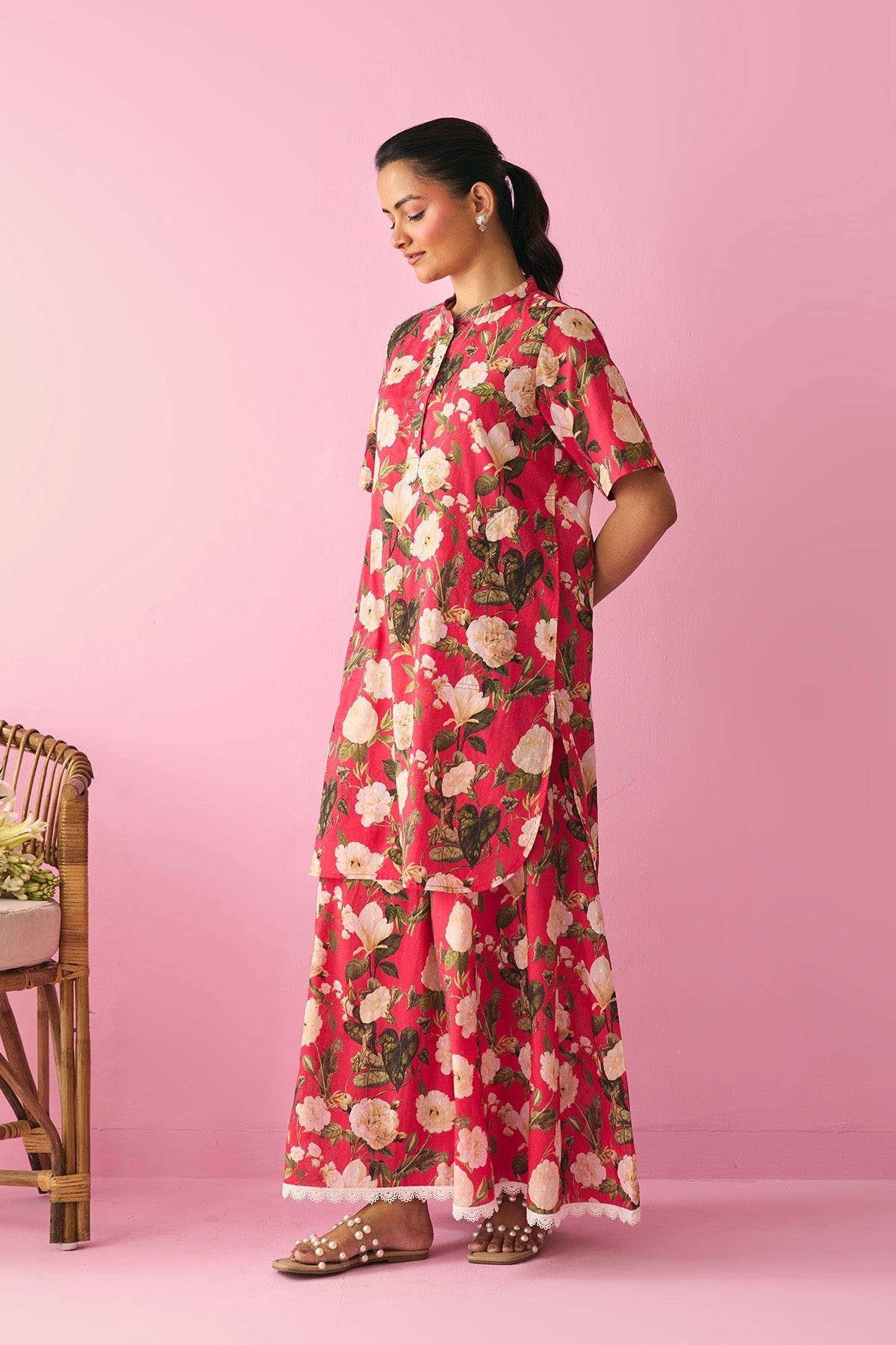 Summer Essentials 26 Red Floral Short Straight Kurta With Flared Palazzo ( Set Of 2 ) - Ready to ship