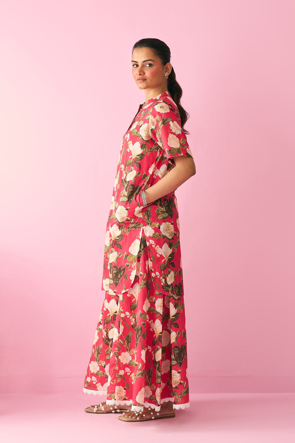 Summer Essentials 26 Red Floral Short Straight Kurta With Flared Palazzo ( Set Of 2 ) - Ready to ship
