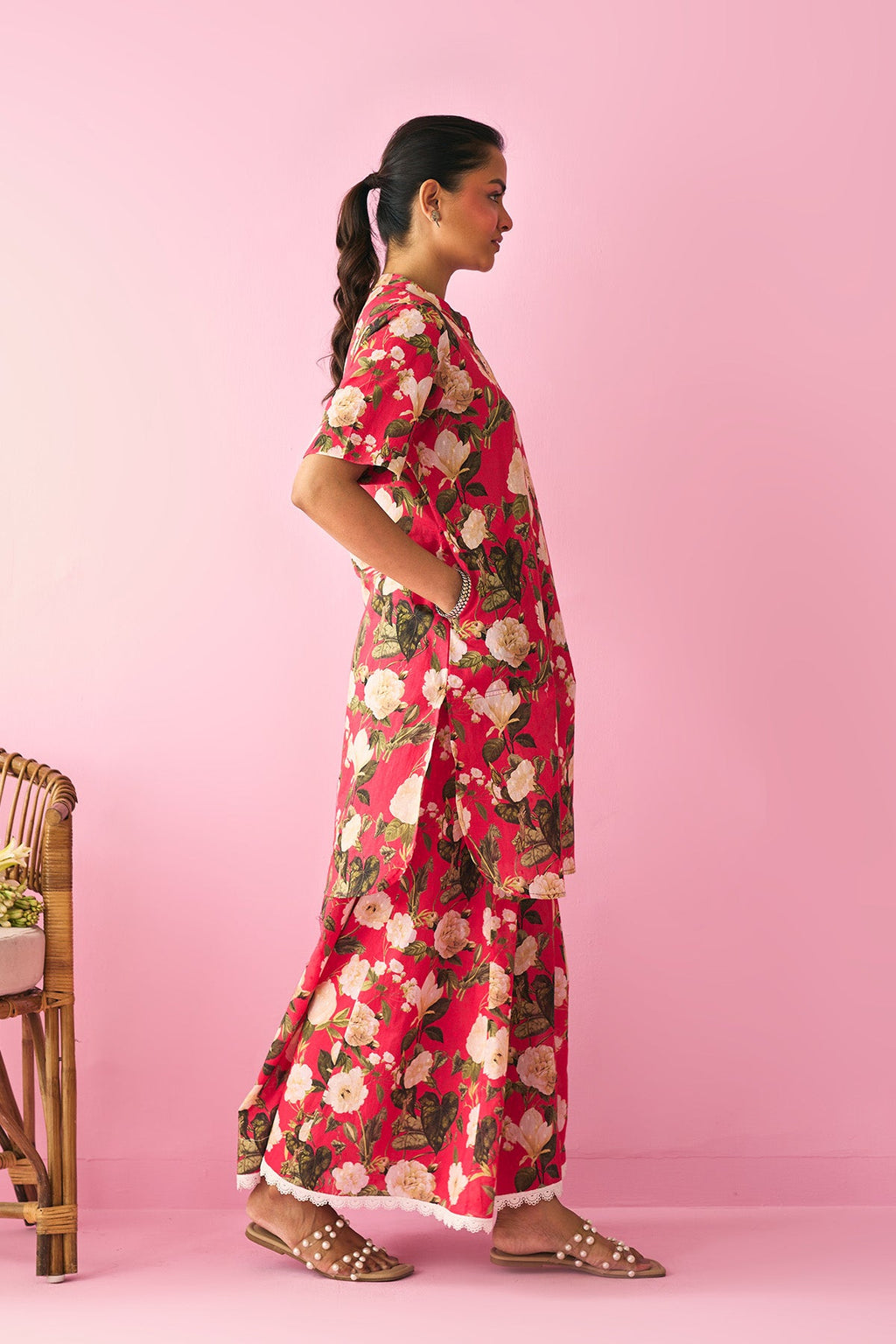 Summer Essentials 26 Red Floral Short Straight Kurta With Flared Palazzo ( Set Of 2 ) - Ready to ship