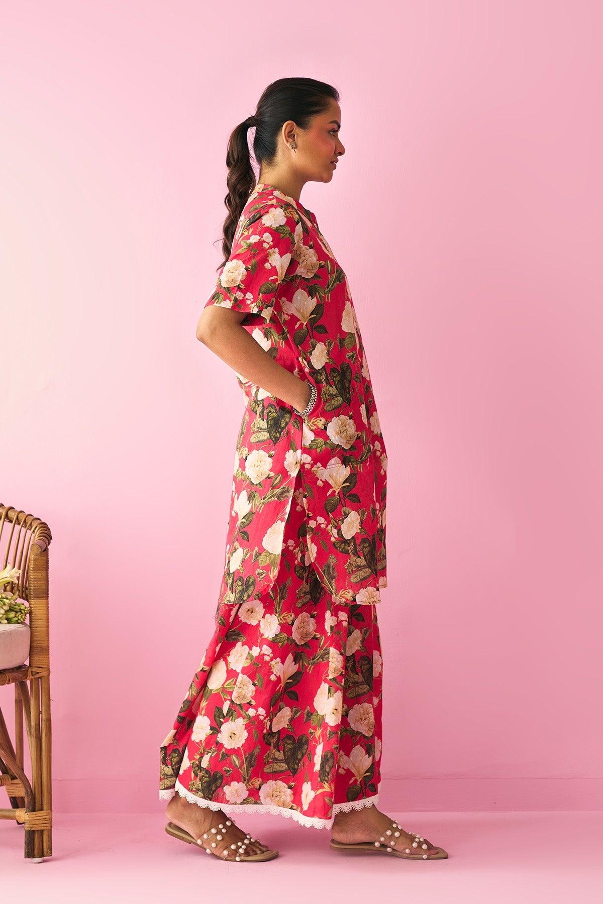 Summer Essentials 26 Red Floral Short Straight Kurta With Flared Palazzo ( Set Of 2 ) - Ready to ship
