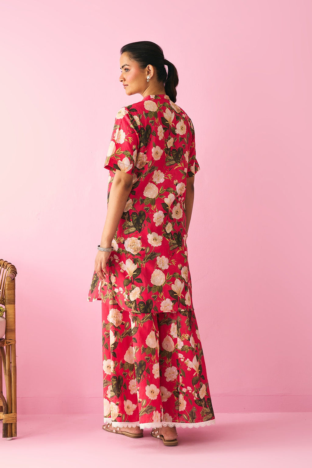 Summer Essentials 26 Red Floral Short Straight Kurta With Flared Palazzo ( Set Of 2 ) - Ready to ship