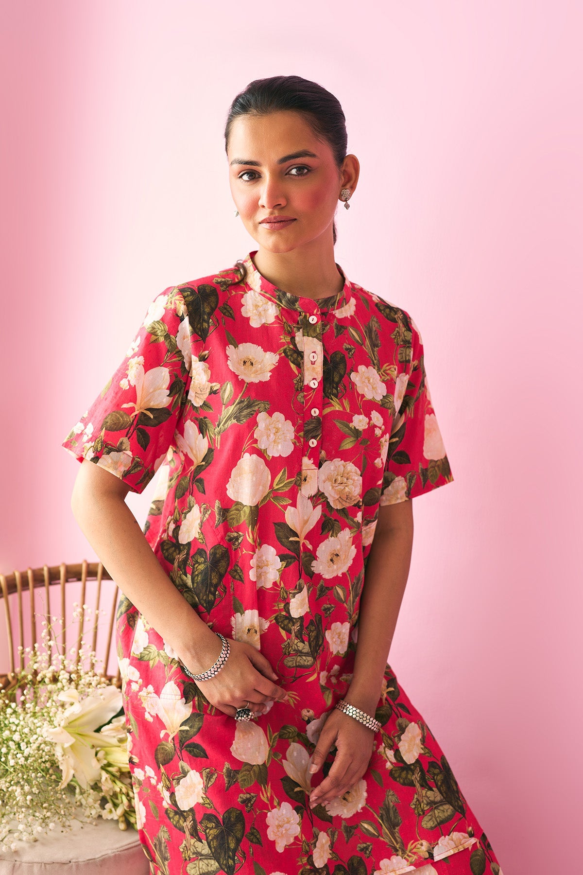 Summer Essentials 26 Red Floral Short Straight Kurta With Flared Palazzo ( Set Of 2 ) - Ready to ship