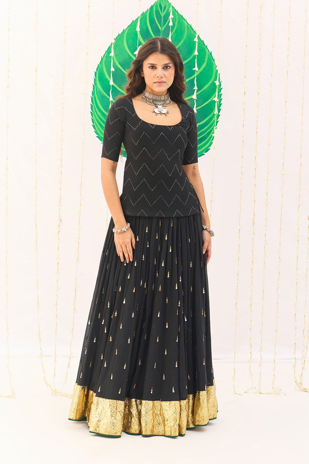 Jameela Solid Black Lehenga with Mukaish Choli and Block Printed Dupatta (set of 3) - Ready to ship