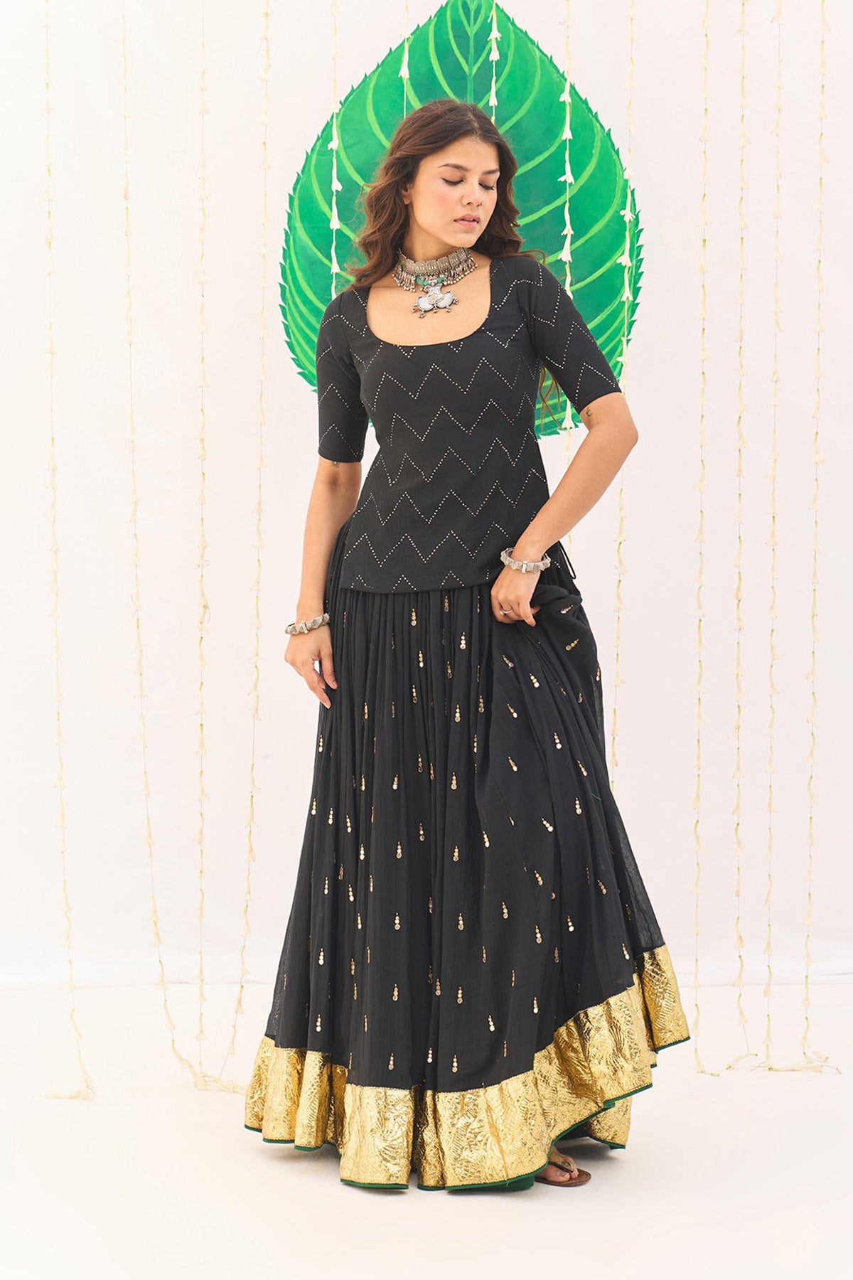 Jameela Solid Black Lehenga with Mukaish Choli and Block Printed Dupatta (set of 3) - Ready to ship