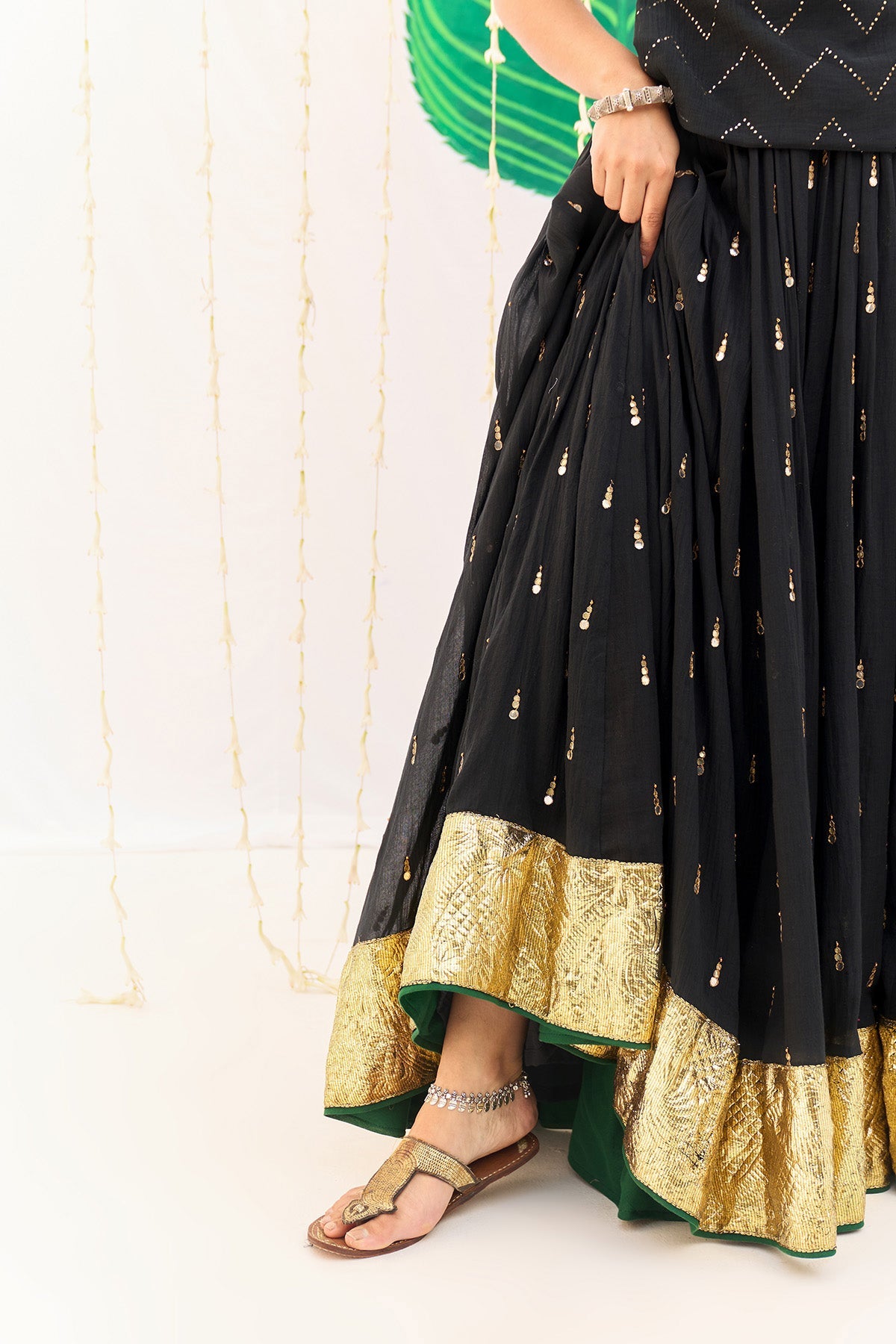 Jameela Solid Black Lehenga with Mukaish Choli and Block Printed Dupatta (set of 3) - Ready to ship