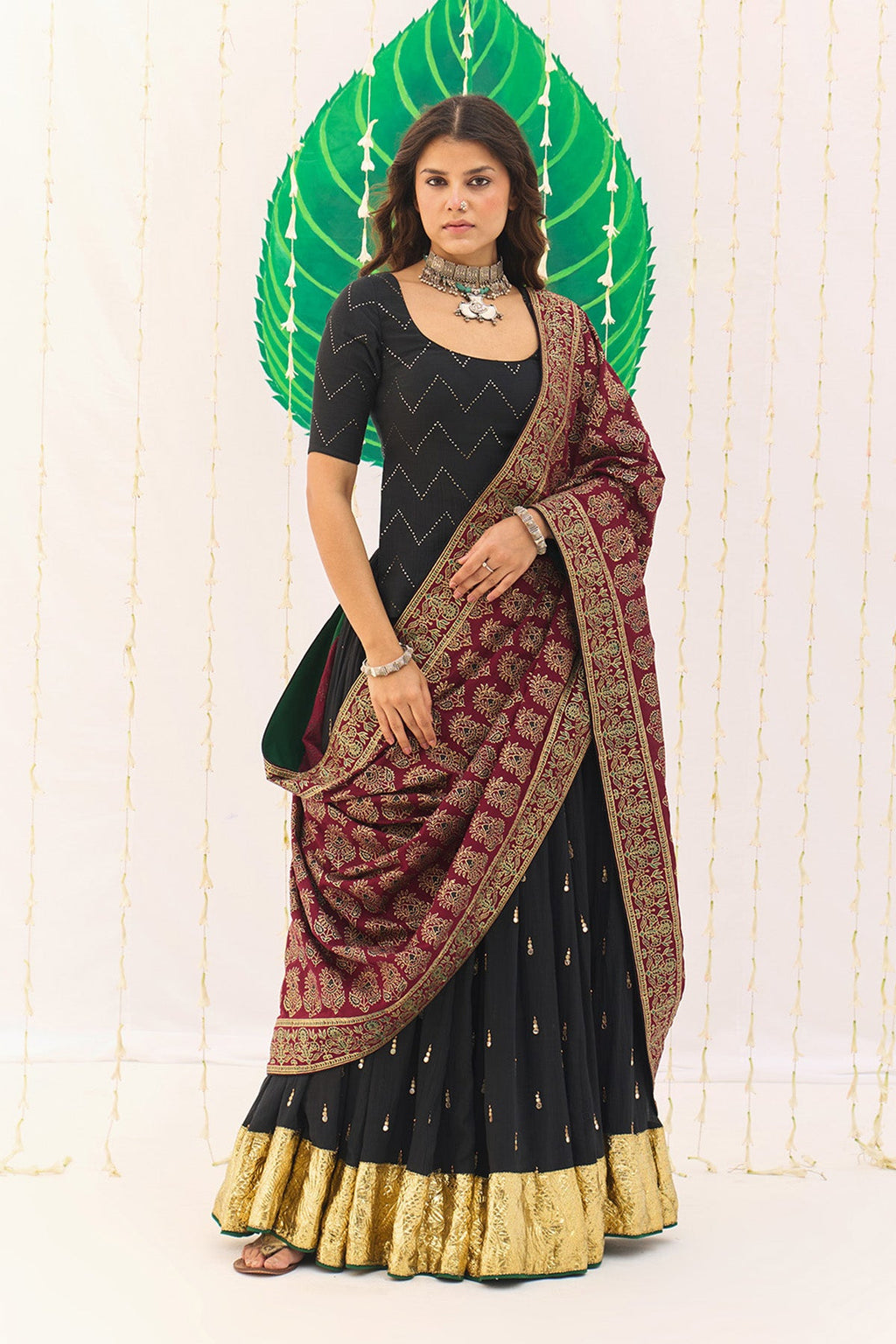 Jameela Solid Black Lehenga with Mukaish Choli and Block Printed Dupatta (set of 3) - Ready to ship