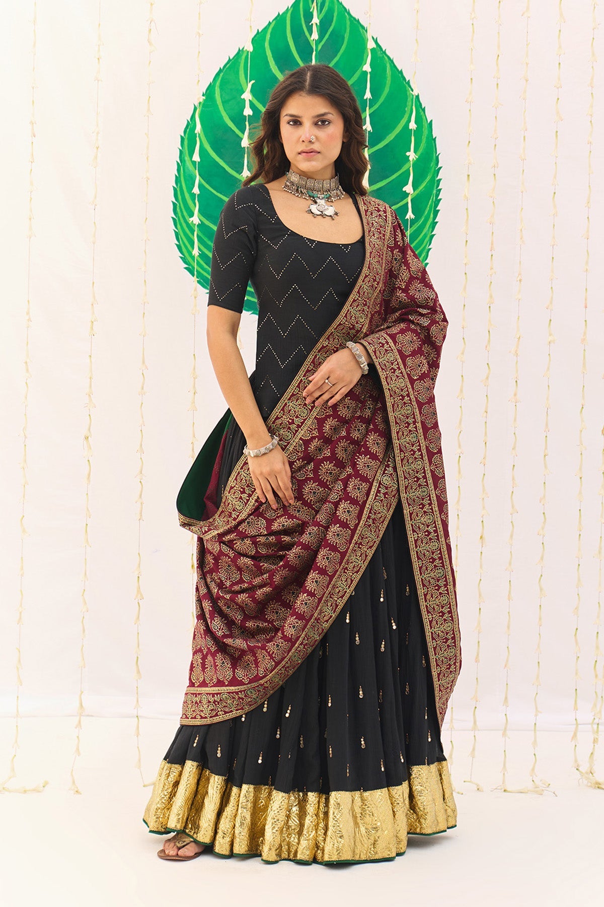 Jameela Solid Black Lehenga with Mukaish Choli and Block Printed Dupatta (set of 3) - Ready to ship