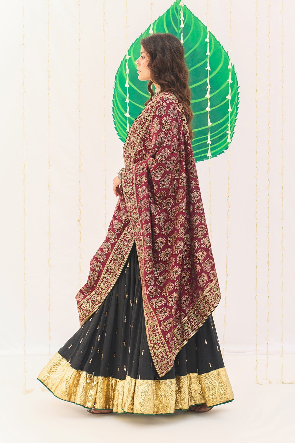 Jameela Solid Black Lehenga with Mukaish Choli and Block Printed Dupatta (set of 3) - Ready to ship