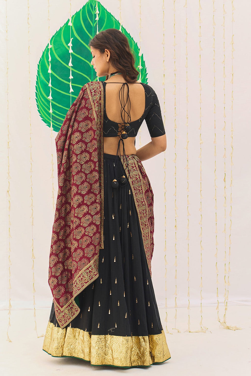 Jameela Solid Black Lehenga with Mukaish Choli and Block Printed Dupatta (set of 3) - Ready to ship