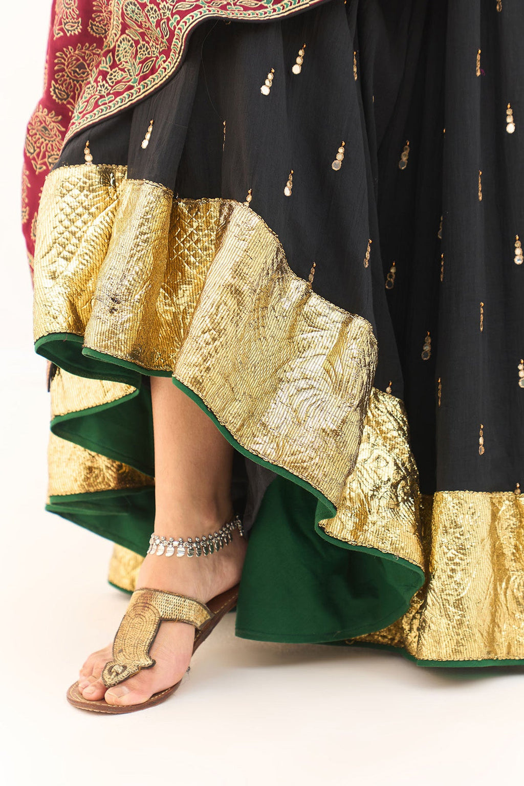 Jameela Solid Black Lehenga with Mukaish Choli and Block Printed Dupatta (set of 3) - Ready to ship