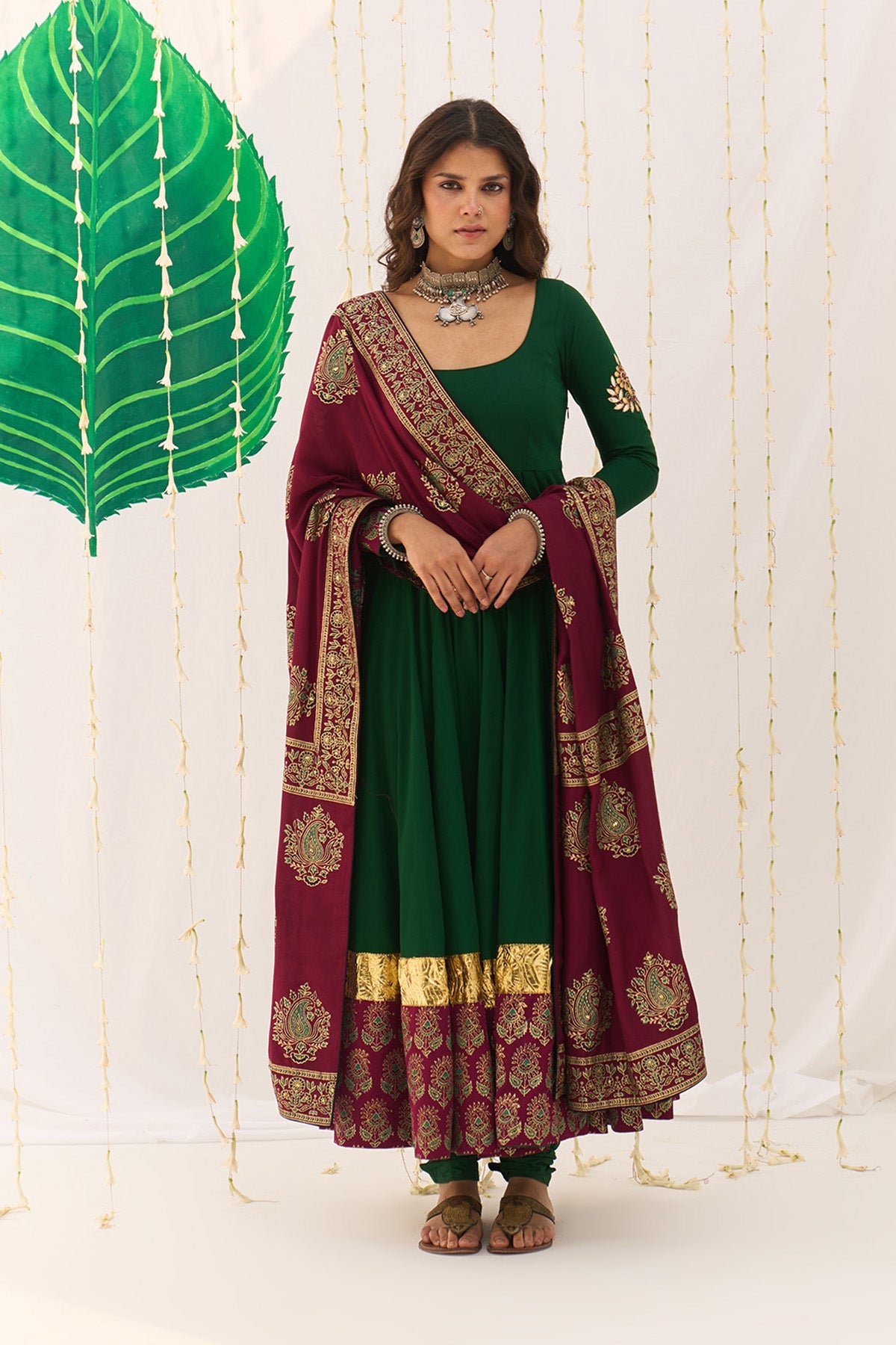 Jameela Block Printed Green Anarkali with Chooridar and Dupatta (set of 3) RTS