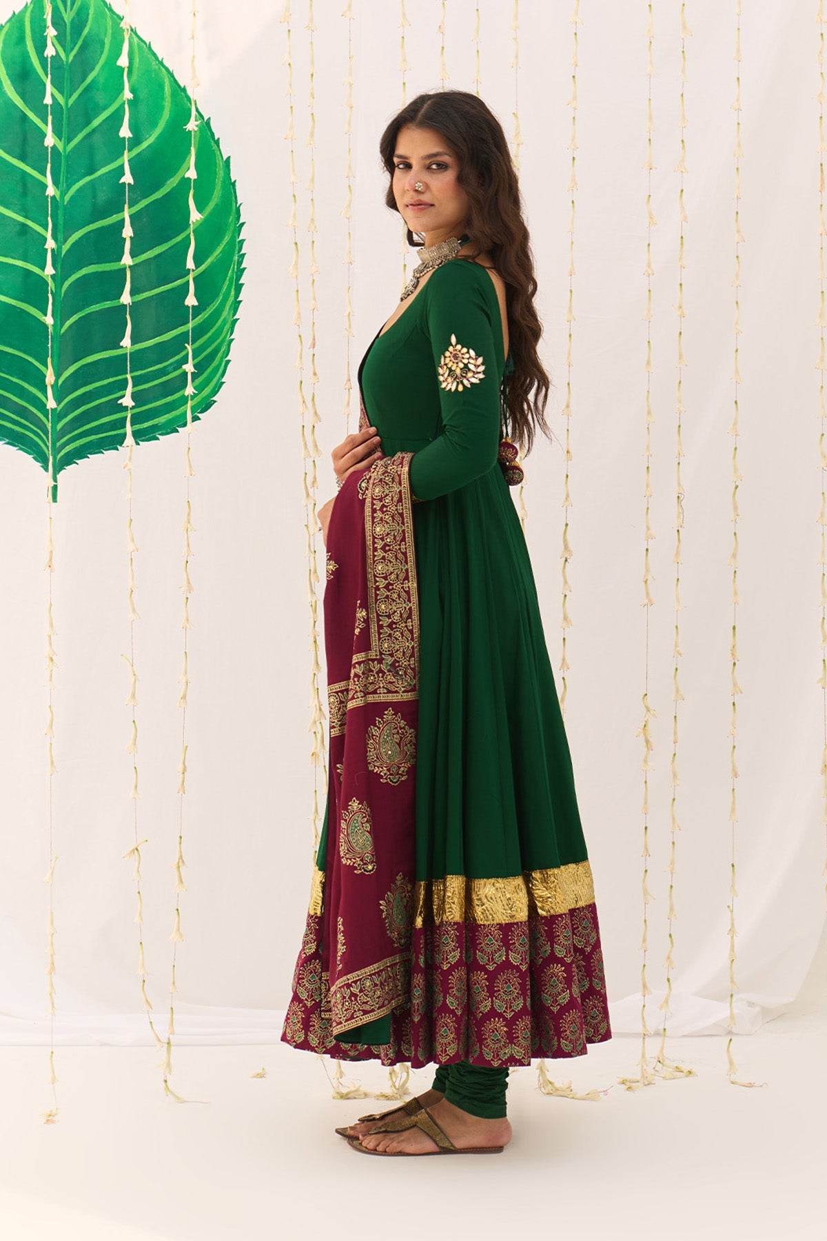 Jameela Block Printed Green Anarkali with Chooridar and Dupatta (set of 3) RTS