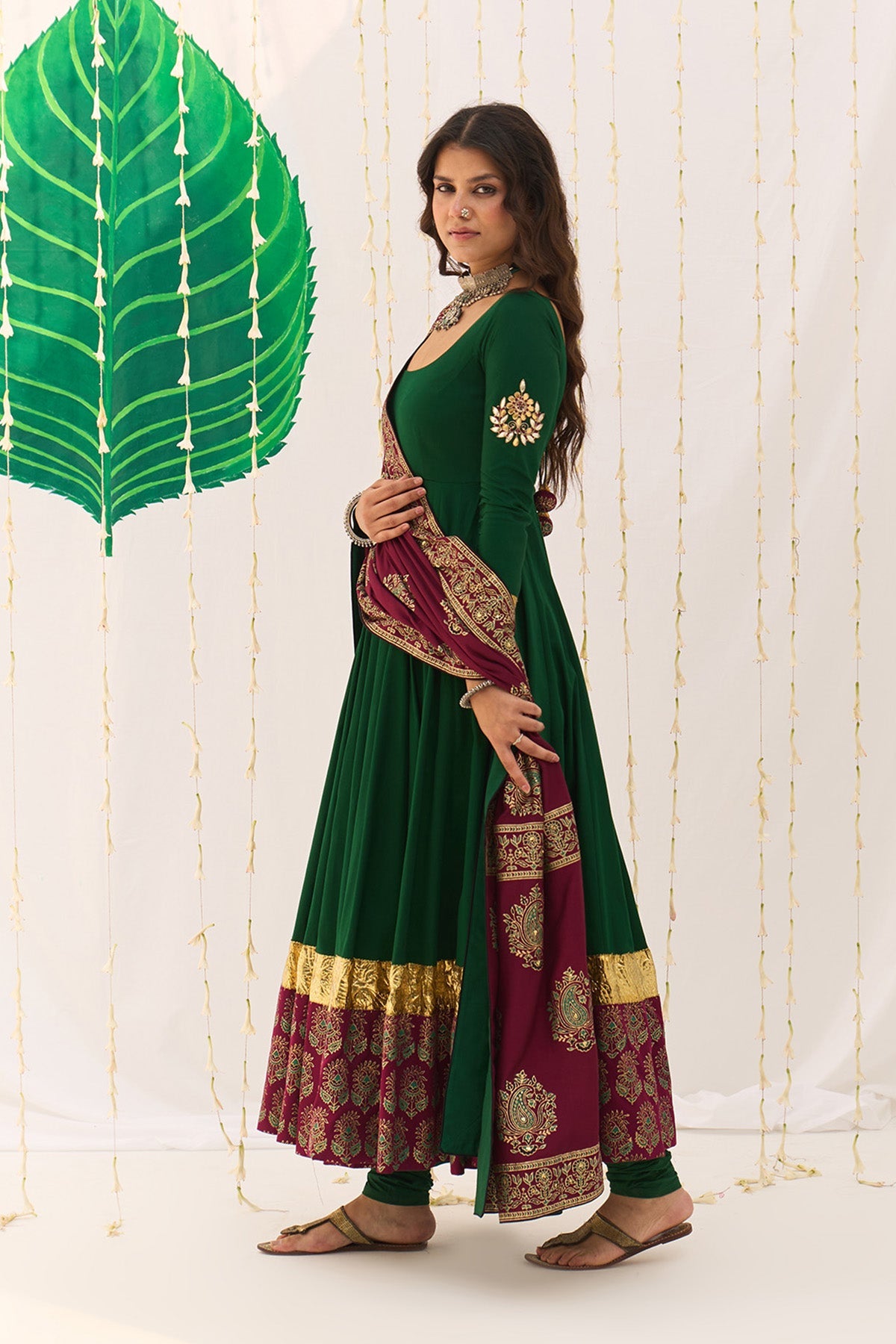 Jameela Block Printed Green Anarkali with Chooridar and Dupatta (set of 3) RTS