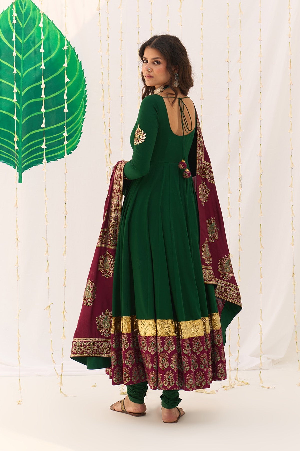 Jameela Block Printed Green Anarkali with Chooridar and Dupatta (set of 3) RTS