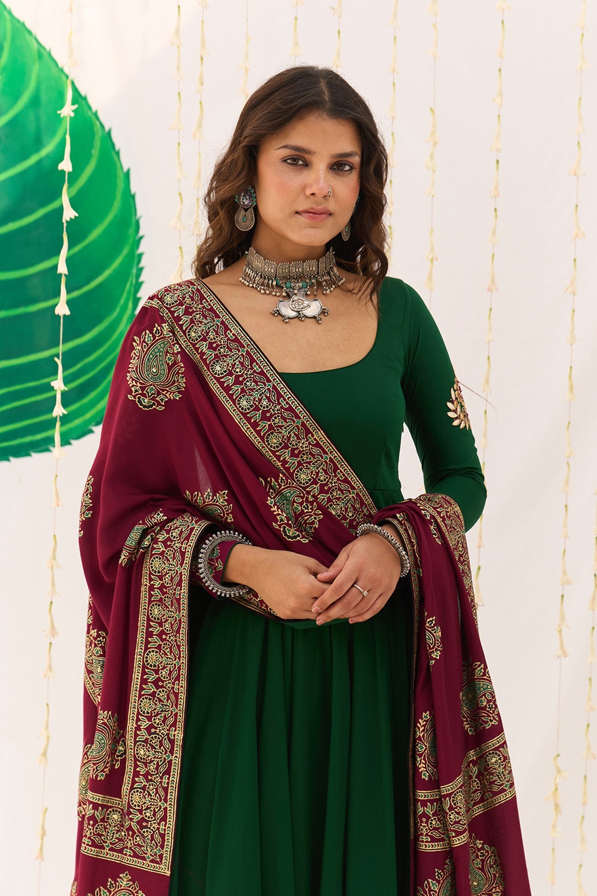 Jameela Block Printed Green Anarkali with Chooridar and Dupatta (set of 3) RTS