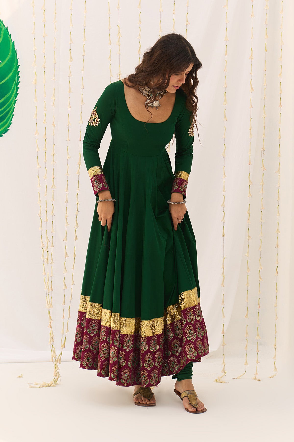 Jameela Block Printed Green Anarkali with Chooridar and Dupatta (set of 3) RTS