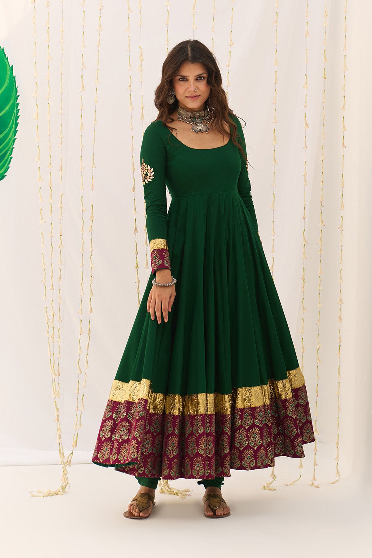 Jameela Block Printed Green Anarkali with Chooridar and Dupatta (set of 3) RTS