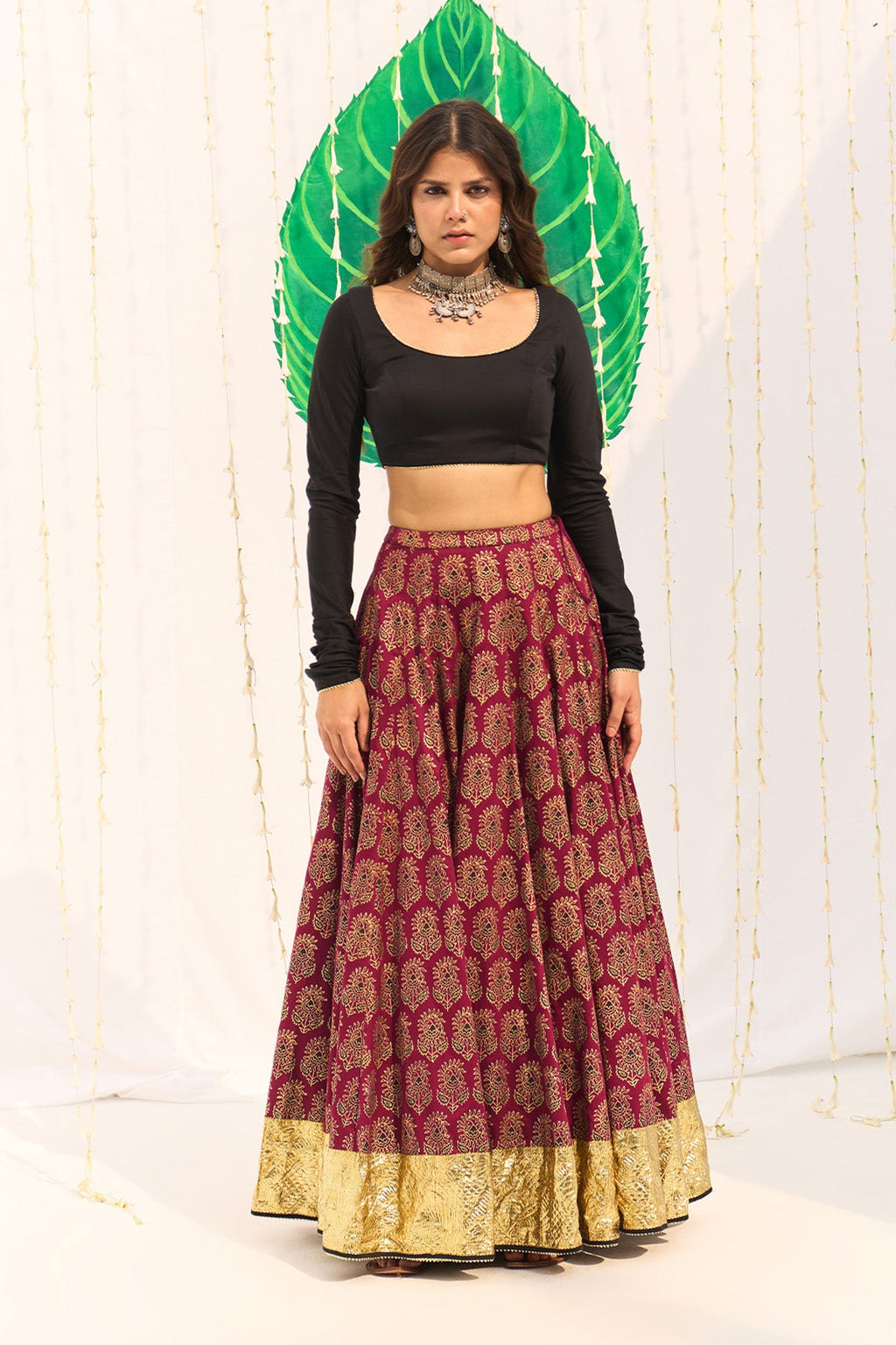 Jameela Block printed pink lehenga with solid black blouse and dupatta (set of 3) - Ready to ship