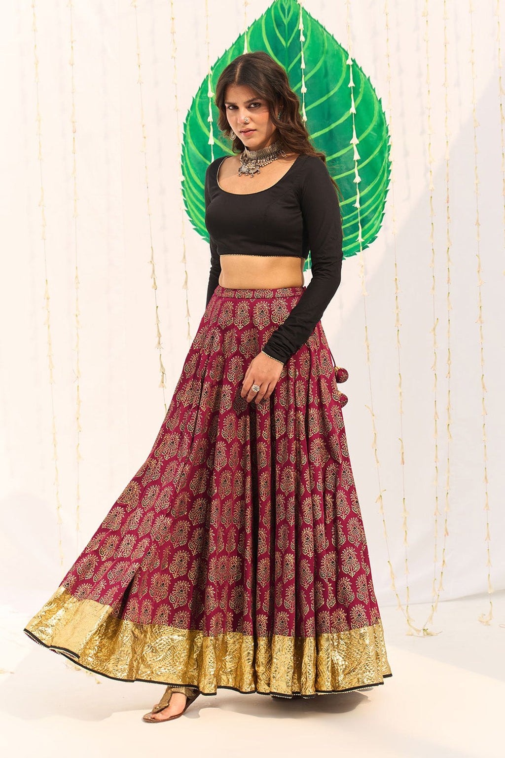 Jameela Block printed pink lehenga with solid black blouse and dupatta (set of 3) - Ready to ship