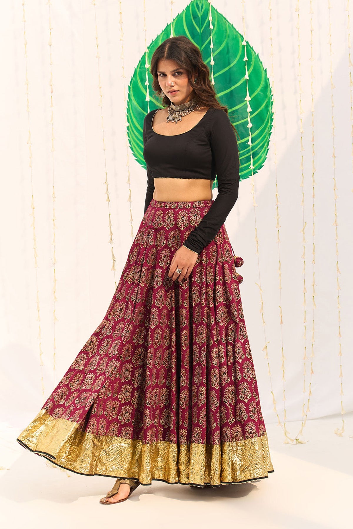 Jameela Block printed pink lehenga with solid black blouse and dupatta (set of 3) - Ready to ship