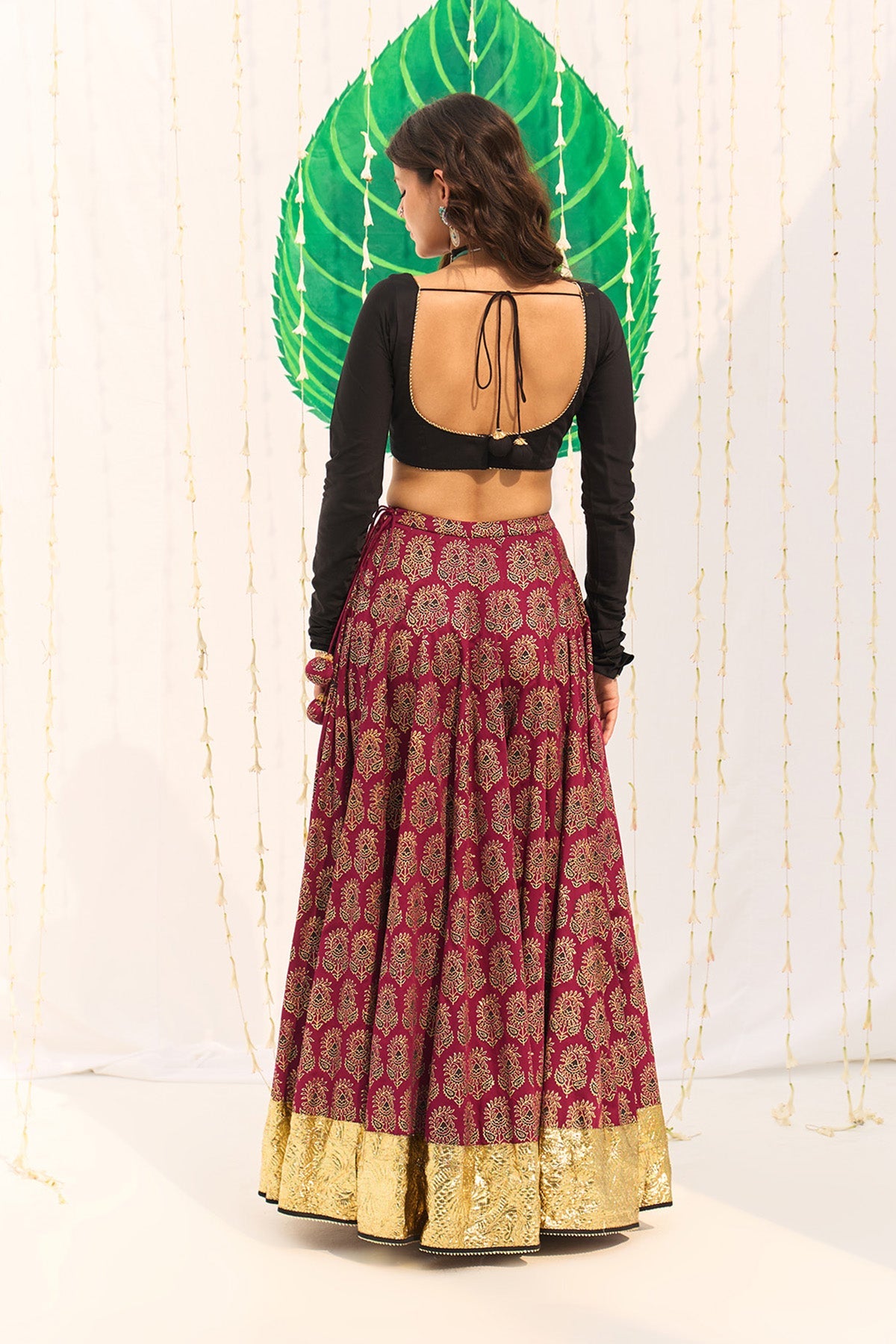 Jameela Block printed pink lehenga with solid black blouse and dupatta (set of 3) - Ready to ship