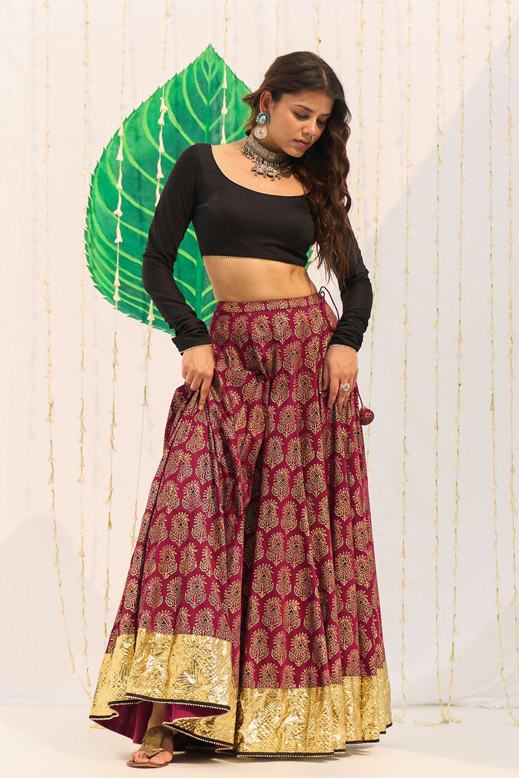 Jameela Block printed pink lehenga with solid black blouse and dupatta (set of 3) - Ready to ship