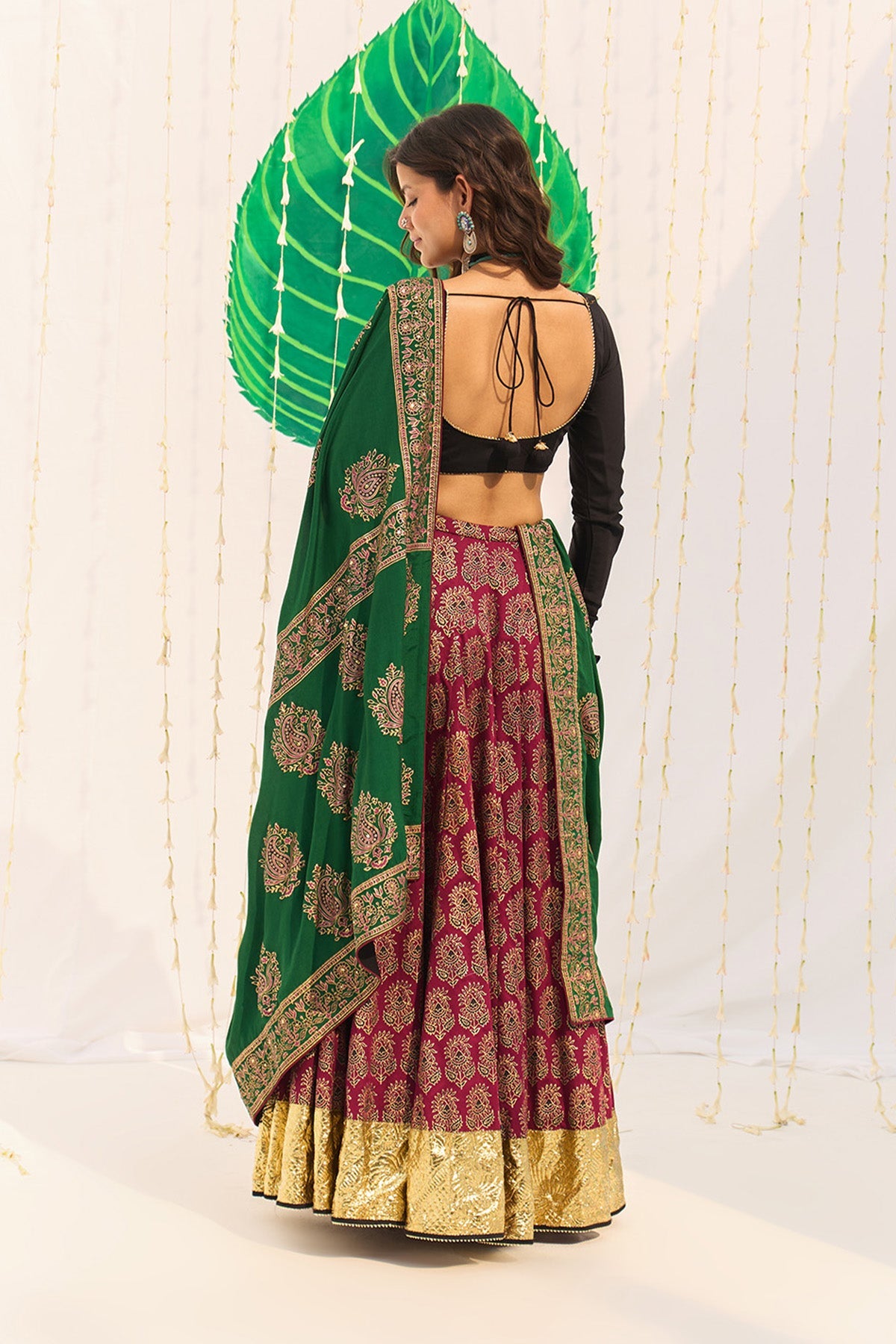 Jameela Block printed pink lehenga with solid black blouse and dupatta (set of 3) - Ready to ship
