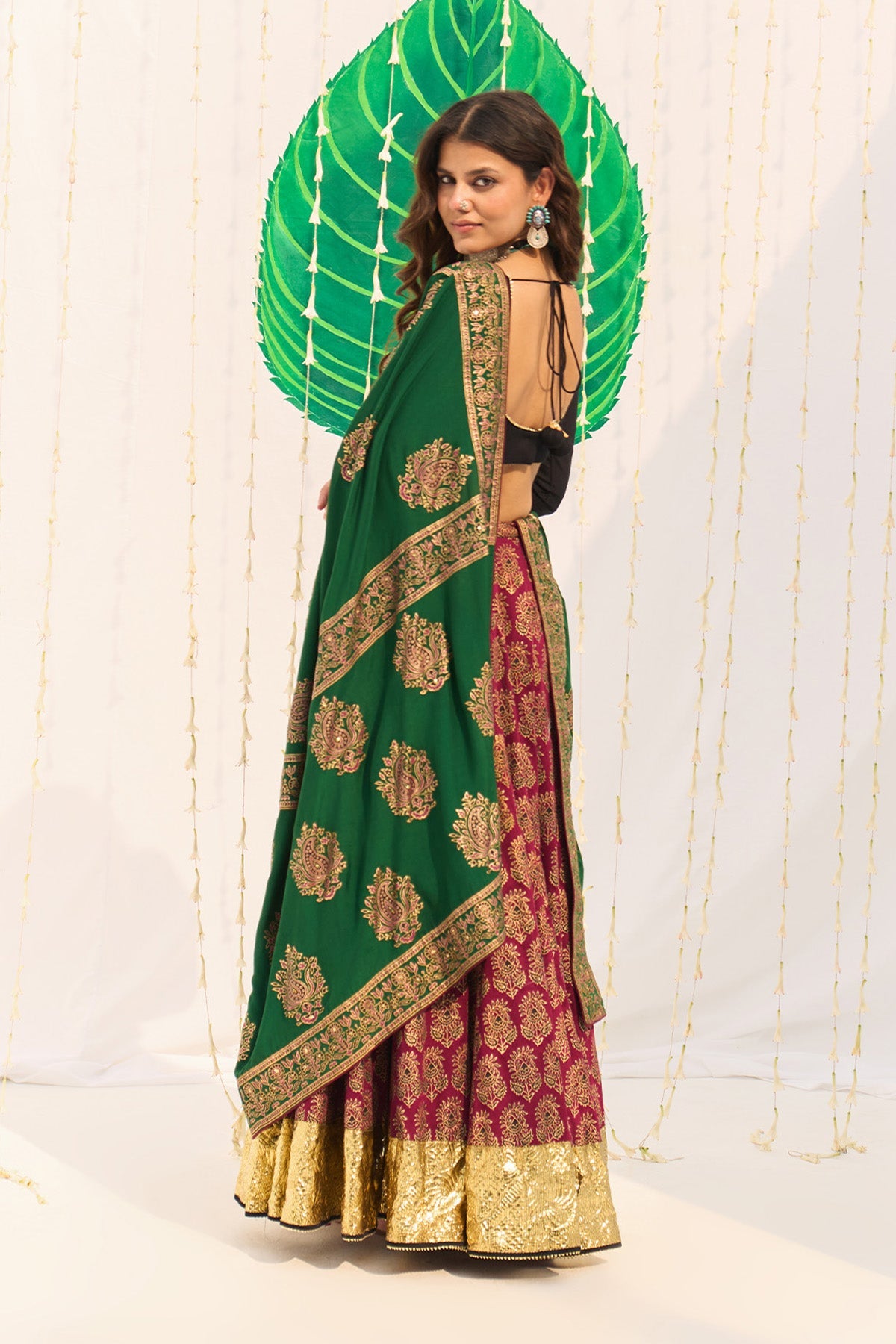 Jameela Block printed pink lehenga with solid black blouse and dupatta (set of 3) - Ready to ship