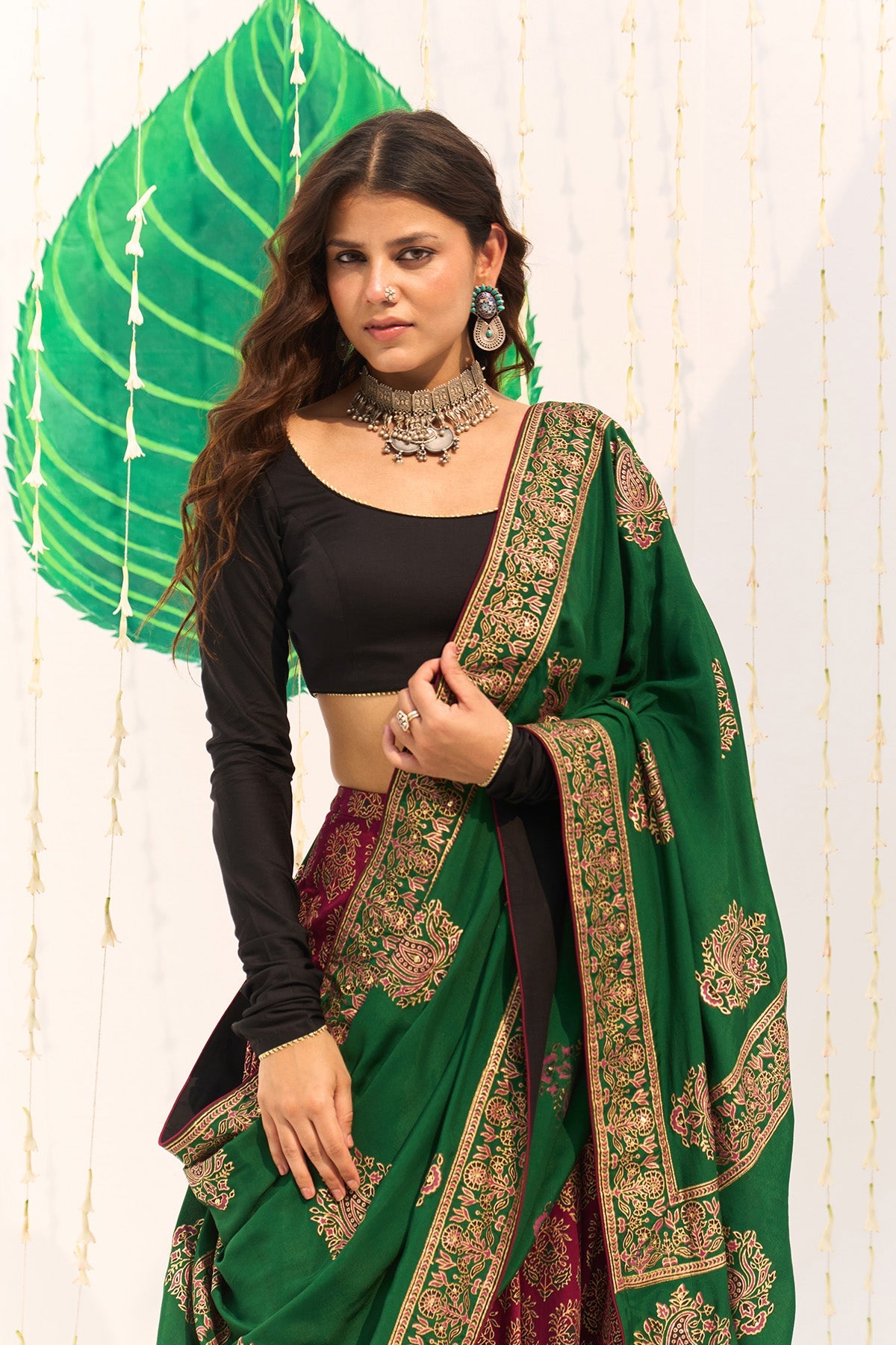 Jameela Block printed pink lehenga with solid black blouse and dupatta (set of 3) - Ready to ship
