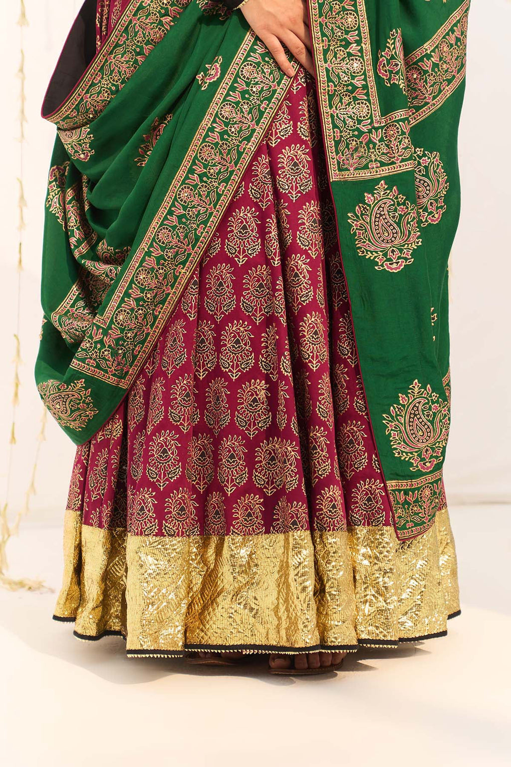 Jameela Block printed pink lehenga with solid black blouse and dupatta (set of 3) - Ready to ship