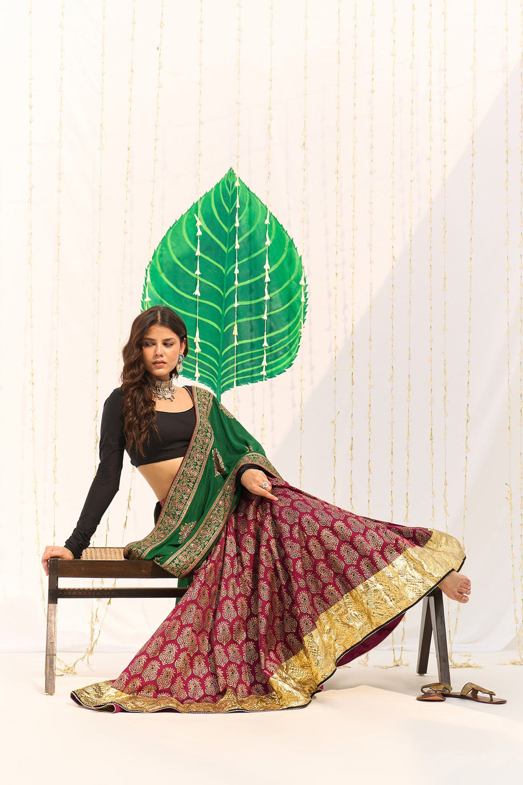 Jameela Block printed pink lehenga with solid black blouse and dupatta (set of 3) - Ready to ship