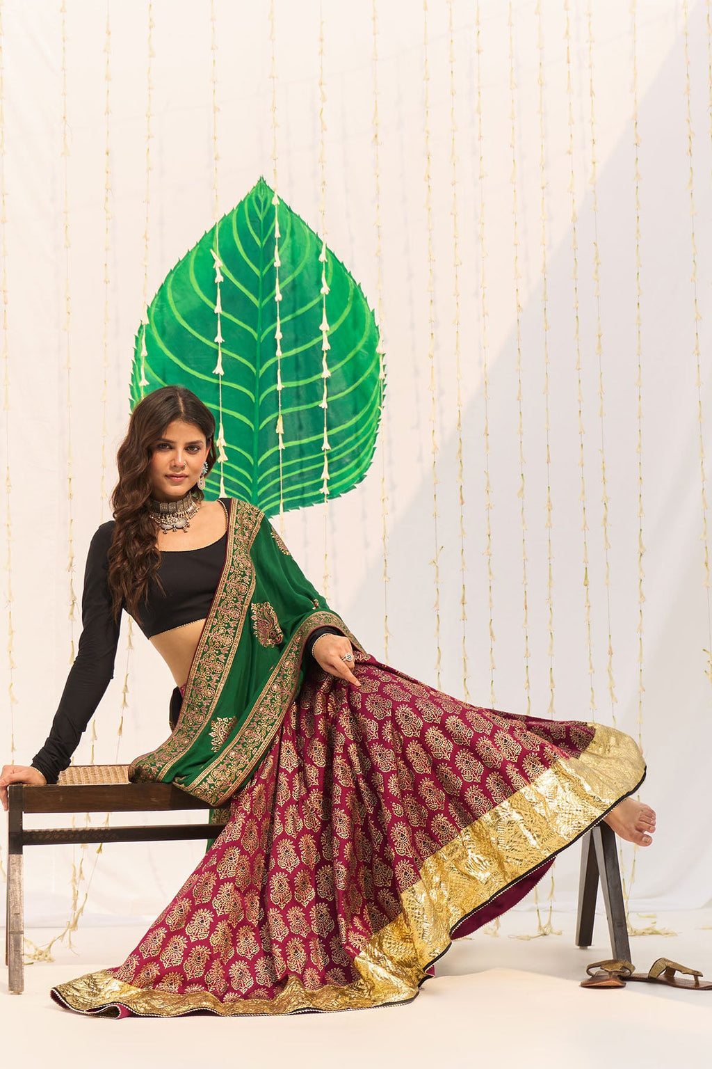 Jameela Block printed pink lehenga with solid black blouse and dupatta (set of 3) - Ready to ship