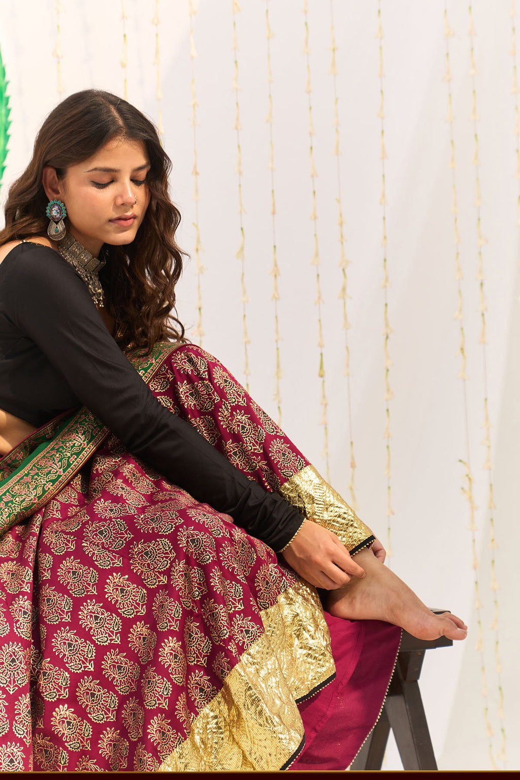 Jameela Block printed pink lehenga with solid black blouse and dupatta (set of 3) - Ready to ship
