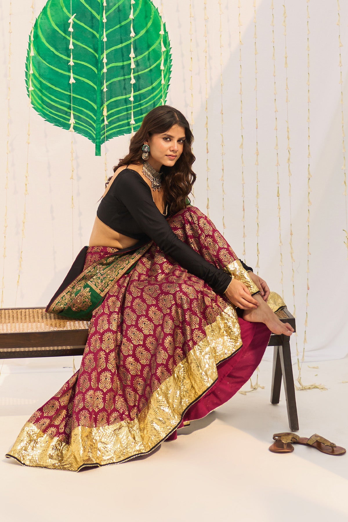 Jameela Block printed pink lehenga with solid black blouse and dupatta (set of 3) - Ready to ship