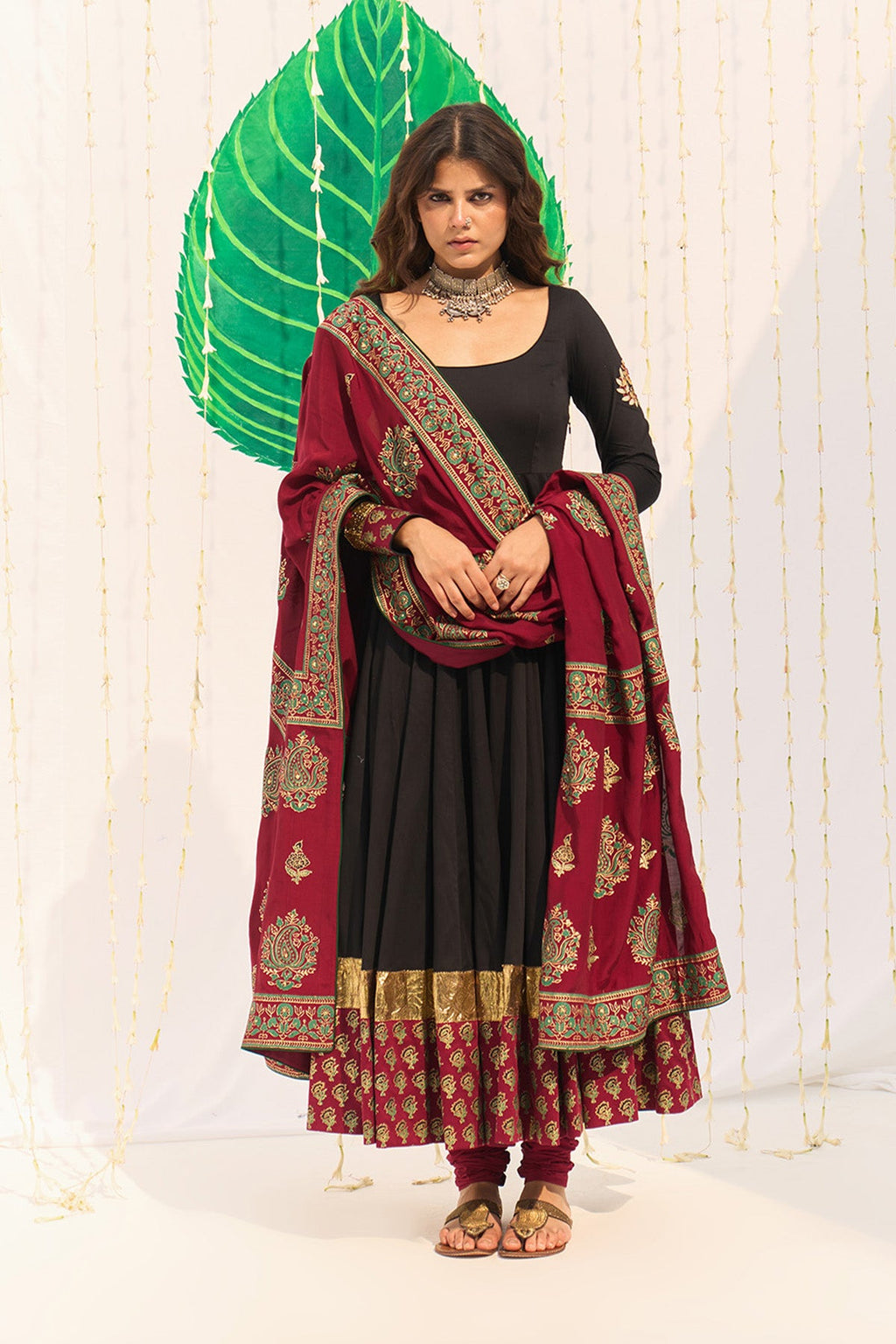 Jameela Black Block Printed Anarkali with Chooridar and Dupatta (set of 3) - Ready to ship
