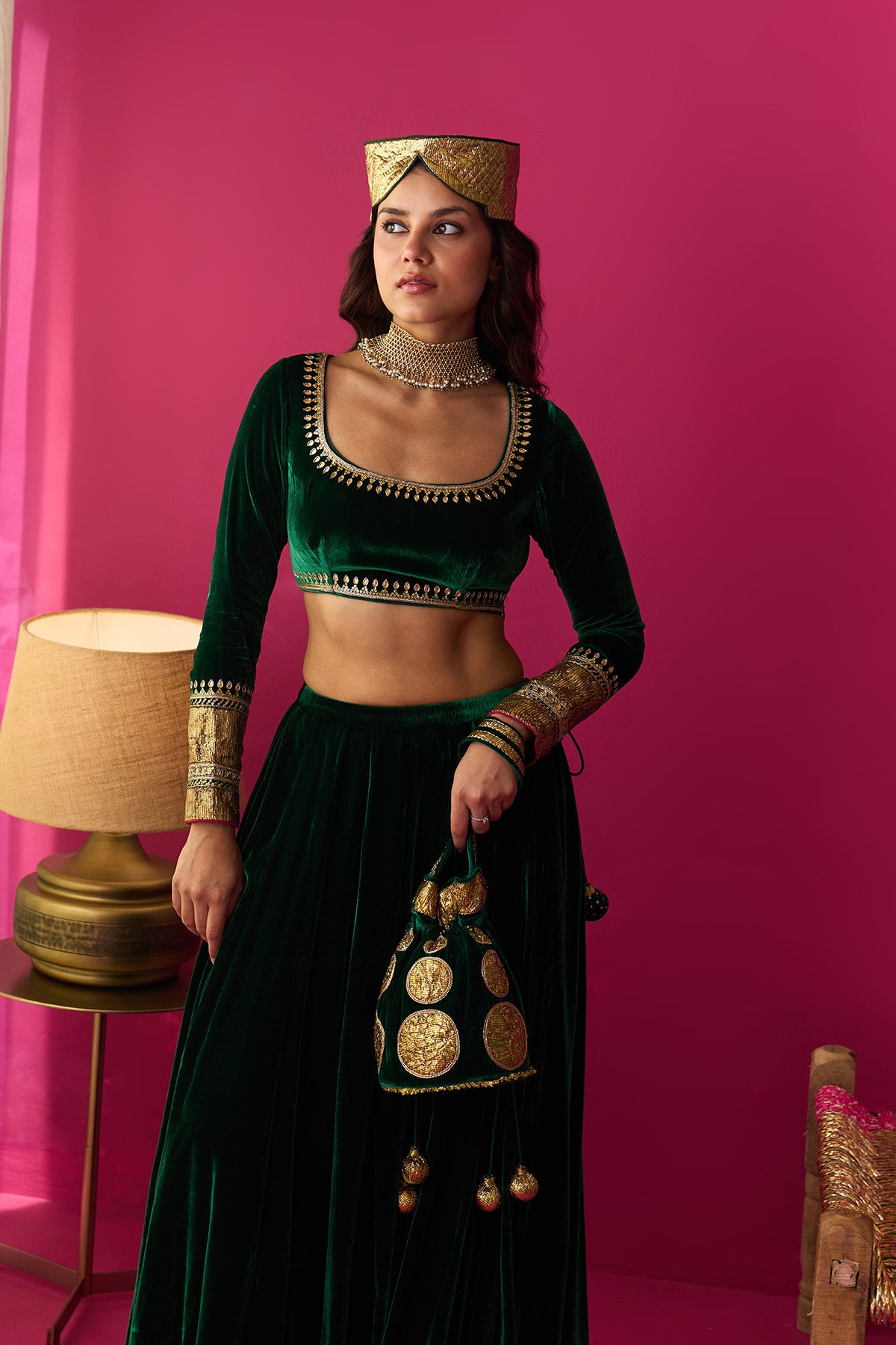 Nur green silk velvet green embroidered lehenga with blouse and dupatta (set of 3) - Ready to ship