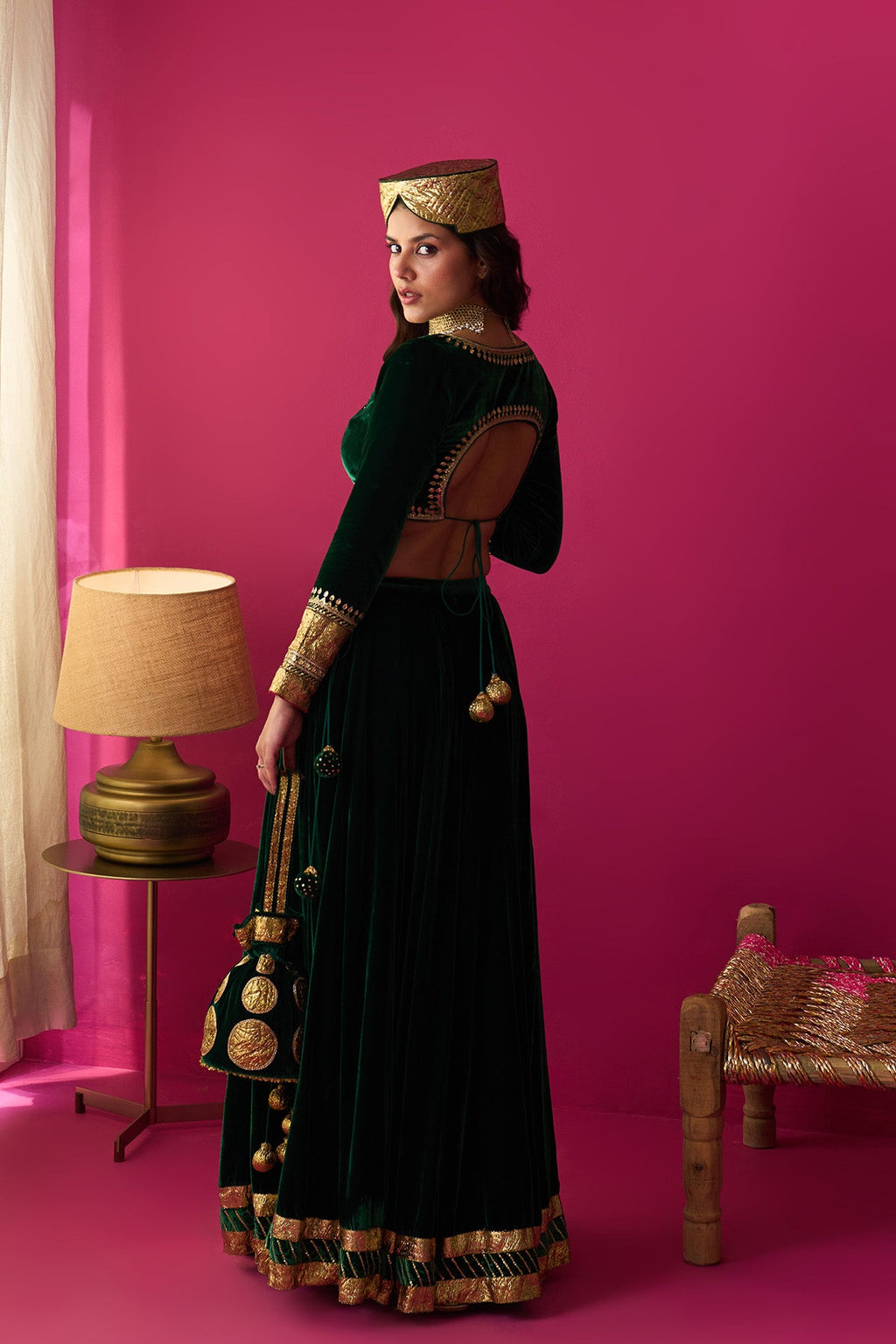Nur green silk velvet green embroidered lehenga with blouse and dupatta (set of 3) - Ready to ship