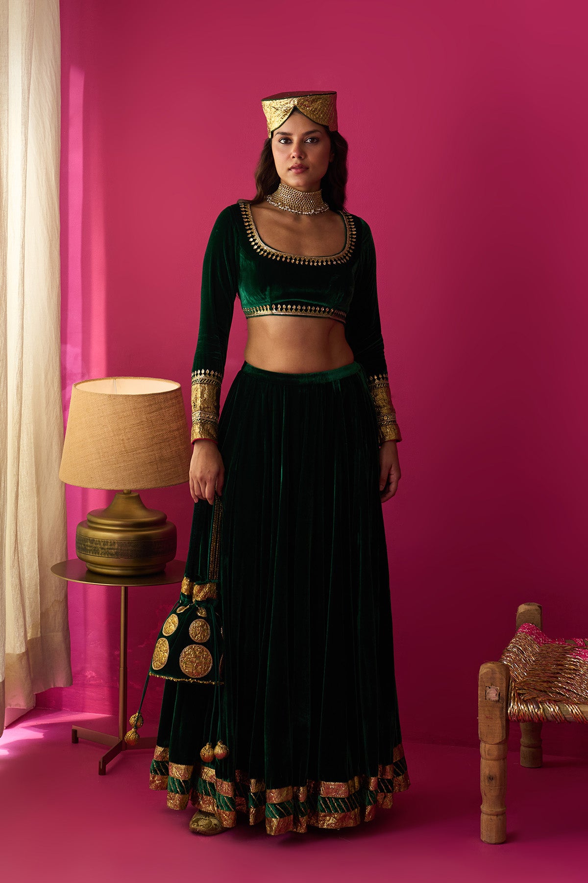Nur green silk velvet green embroidered lehenga with blouse and dupatta (set of 3) - Ready to ship