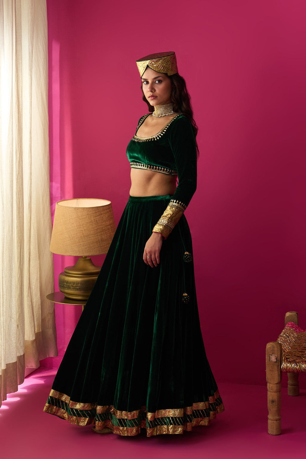 Nur green silk velvet green embroidered lehenga with blouse and dupatta (set of 3) - Ready to ship