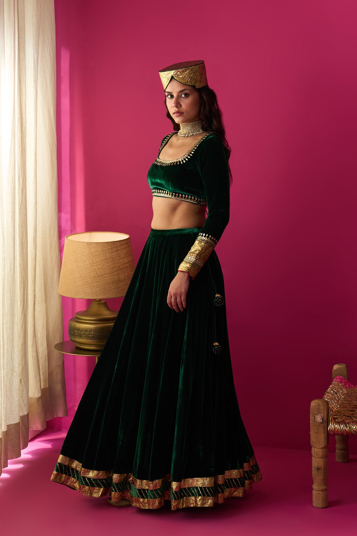 Nur green silk velvet green embroidered lehenga with blouse and dupatta (set of 3) - Ready to ship
