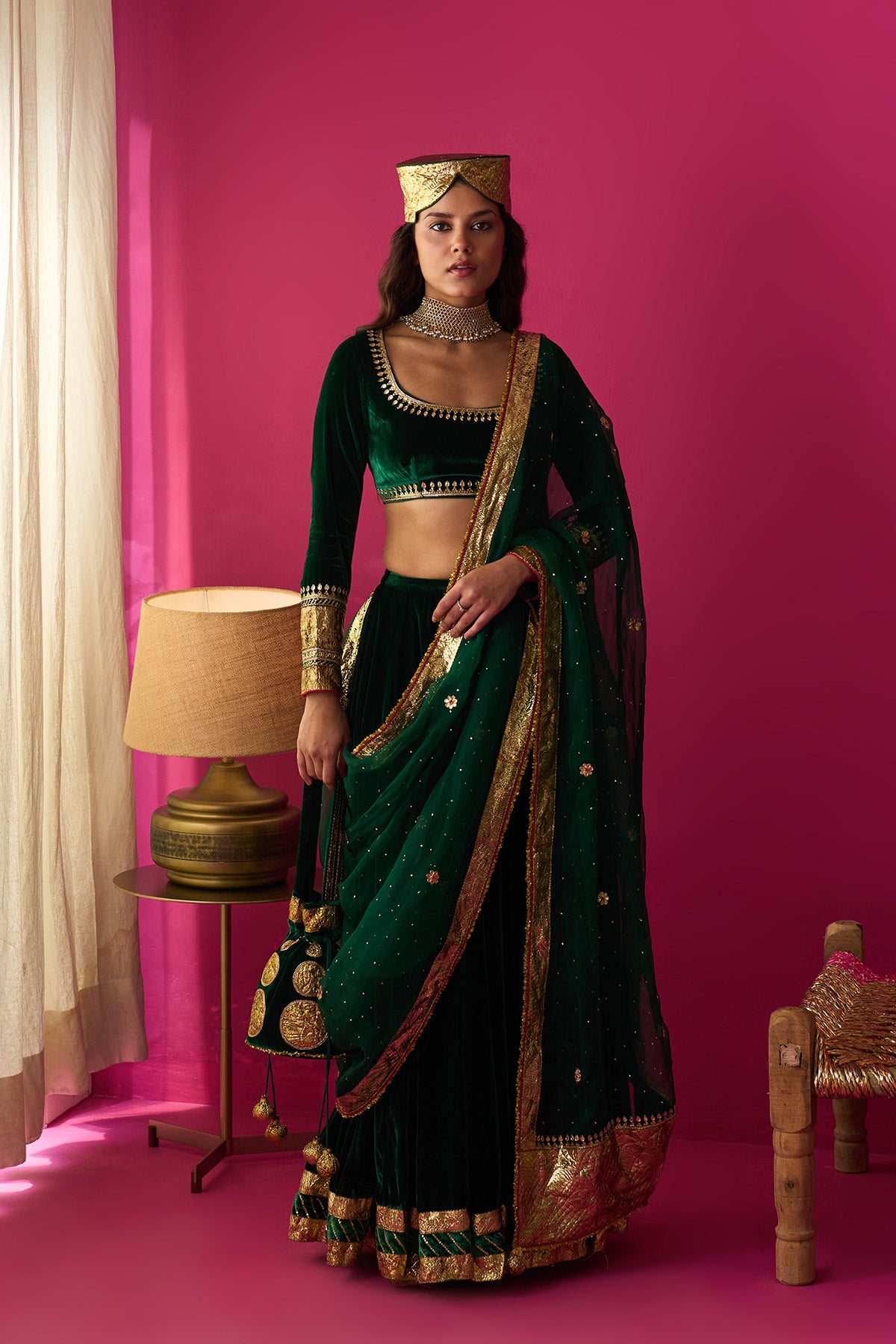 Nur green silk velvet green embroidered lehenga with blouse and dupatta (set of 3) - Ready to ship