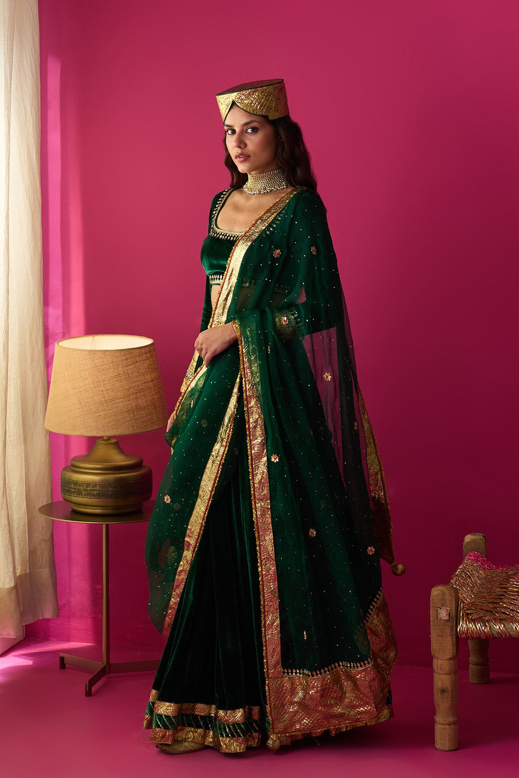 Nur green silk velvet green embroidered lehenga with blouse and dupatta (set of 3) - Ready to ship