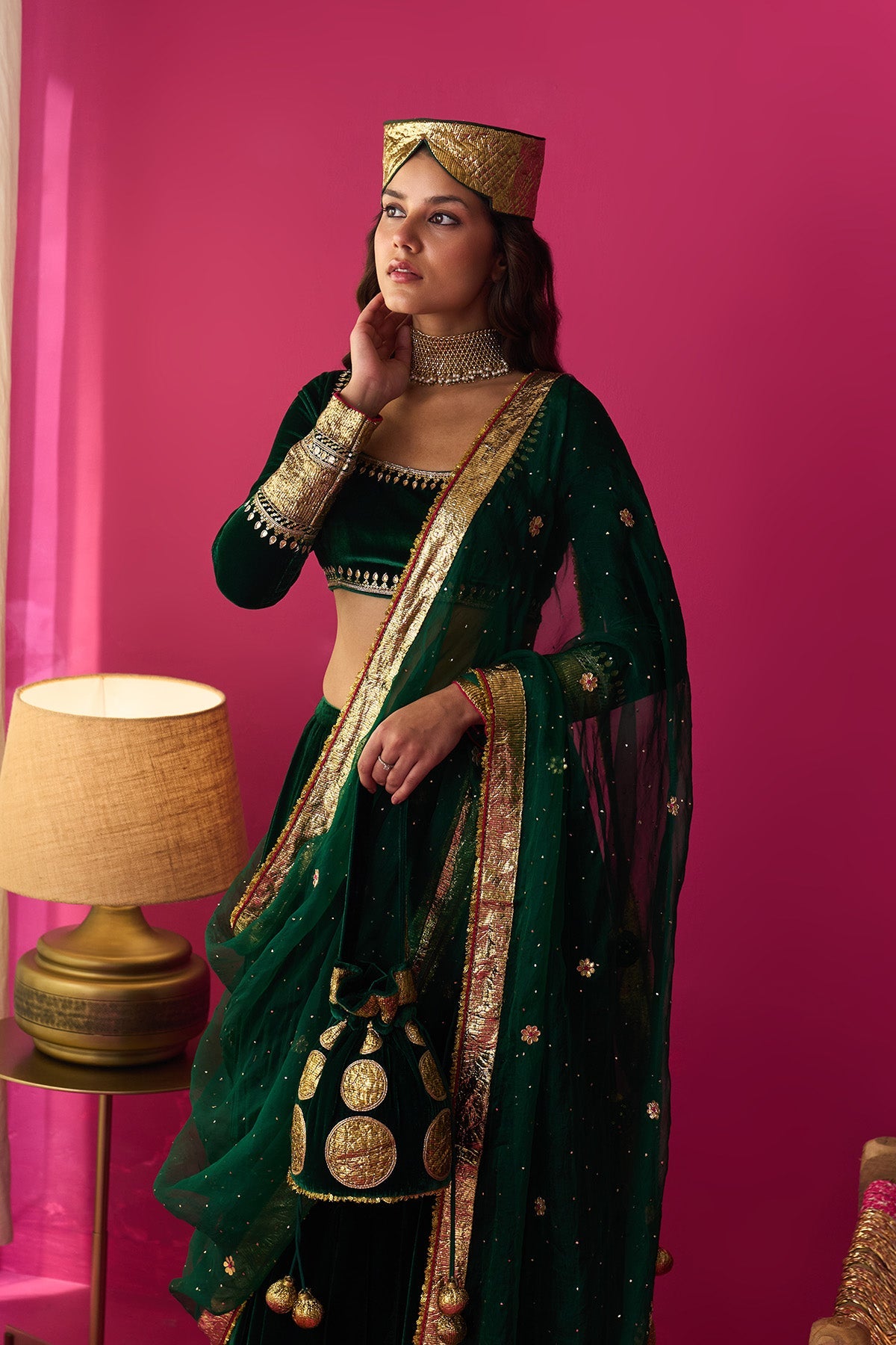 Nur green silk velvet green embroidered lehenga with blouse and dupatta (set of 3) - Ready to ship