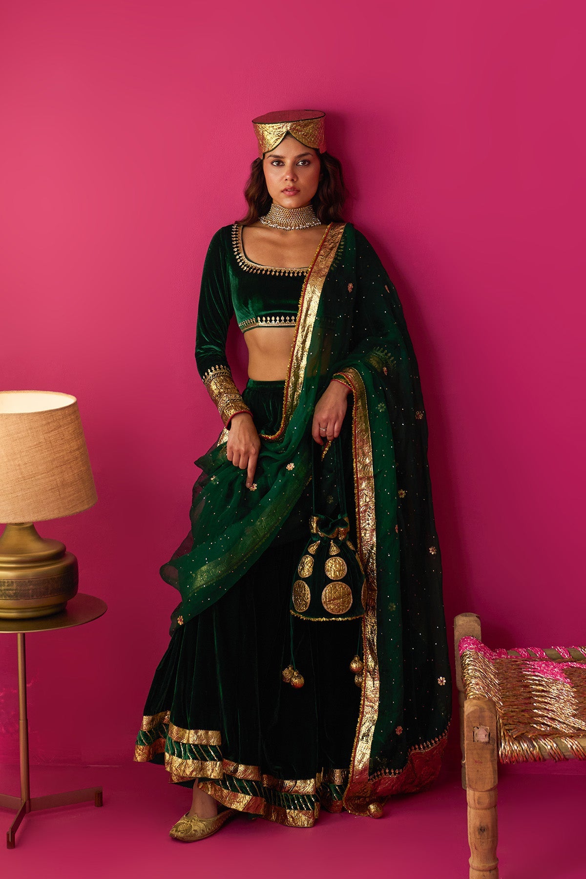 Nur green silk velvet green embroidered lehenga with blouse and dupatta (set of 3) - Ready to ship